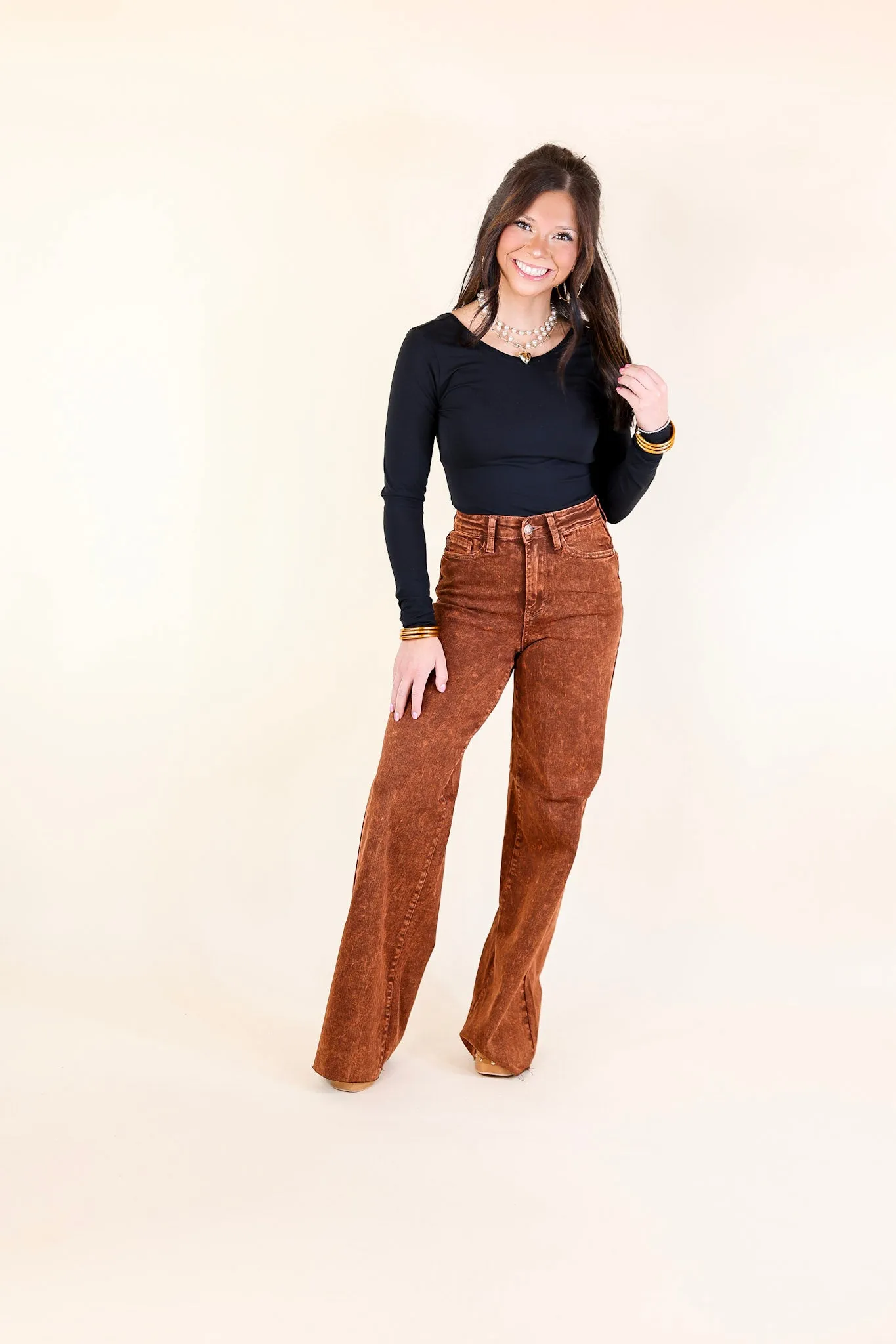 Judy Blue | Harvest Hues High Waisted Garment Dyed Wide Leg Jean with Raw Hem in Pumpkin Spice Brown