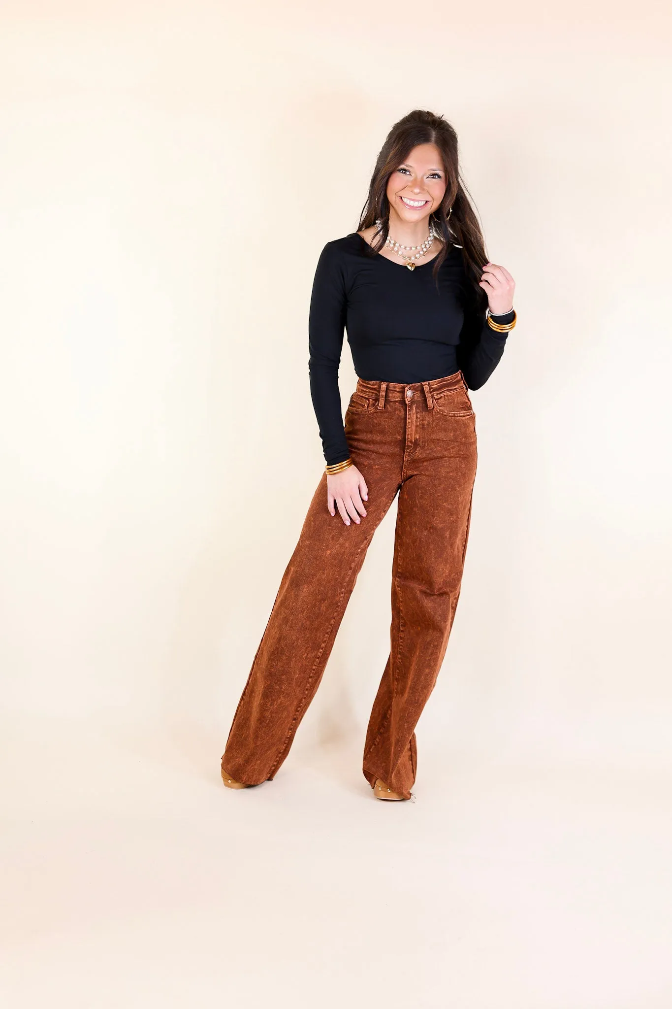 Judy Blue | Harvest Hues High Waisted Garment Dyed Wide Leg Jean with Raw Hem in Pumpkin Spice Brown