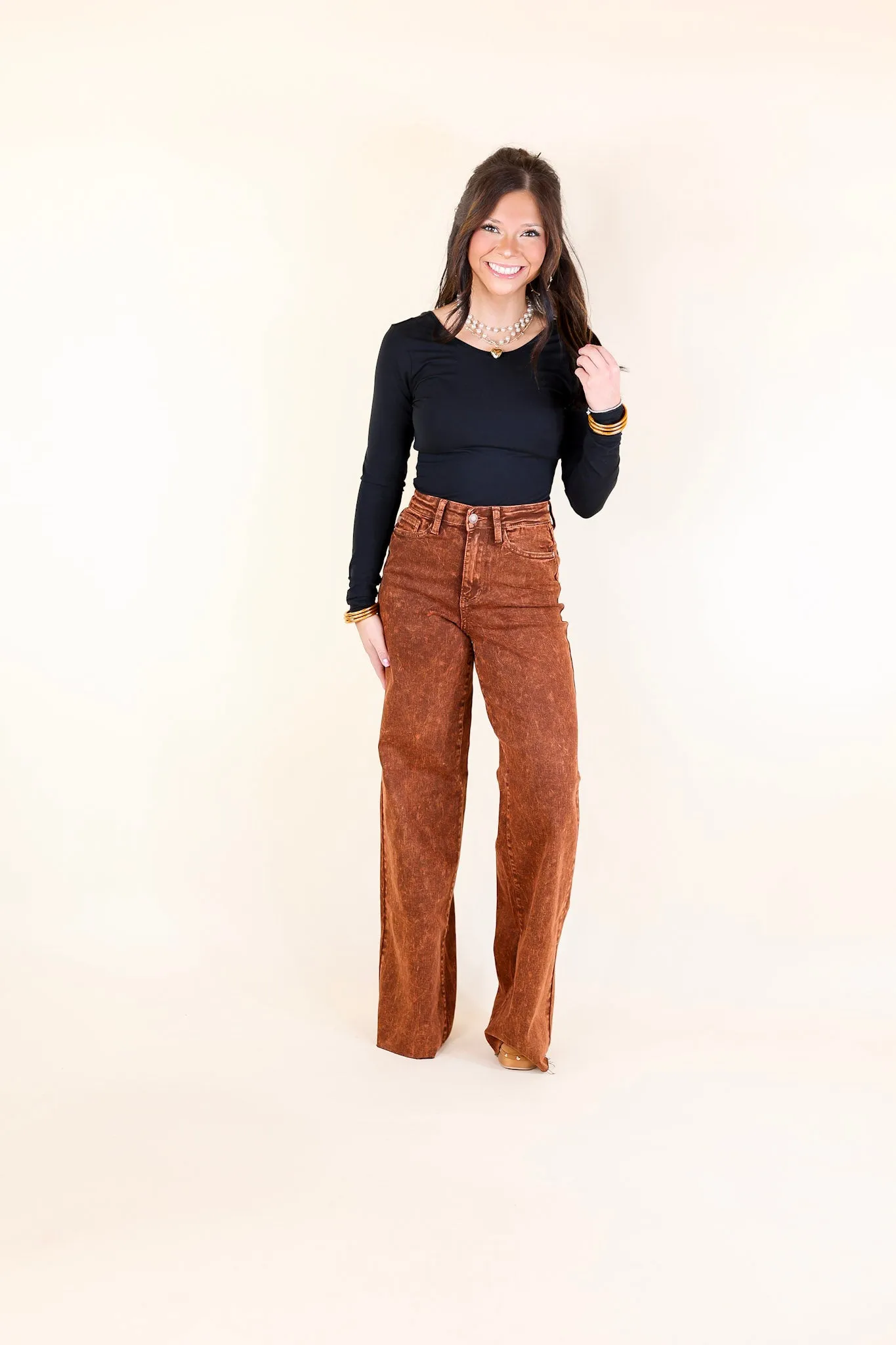 Judy Blue | Harvest Hues High Waisted Garment Dyed Wide Leg Jean with Raw Hem in Pumpkin Spice Brown