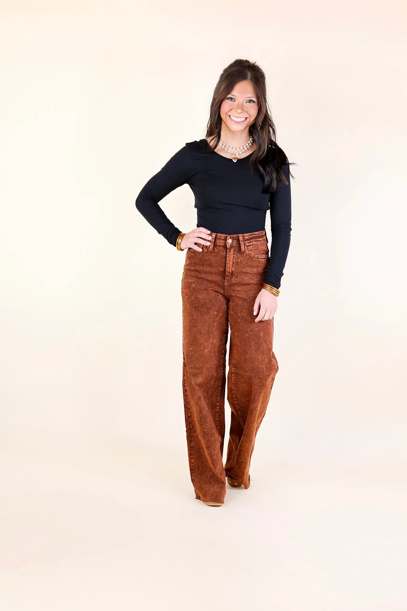 Judy Blue | Harvest Hues High Waisted Garment Dyed Wide Leg Jean with Raw Hem in Pumpkin Spice Brown