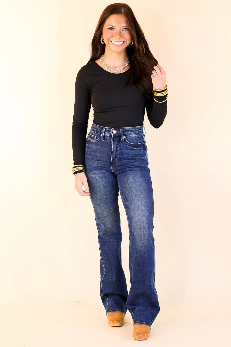 Judy Blue | Stylish Stride Tummy Control Bootcut Jean with Back Pocket Embroidery in Dark Wash