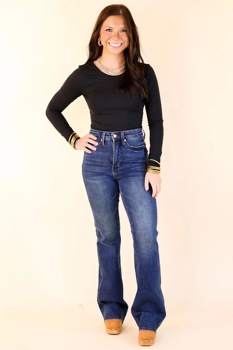 Judy Blue | Stylish Stride Tummy Control Bootcut Jean with Back Pocket Embroidery in Dark Wash