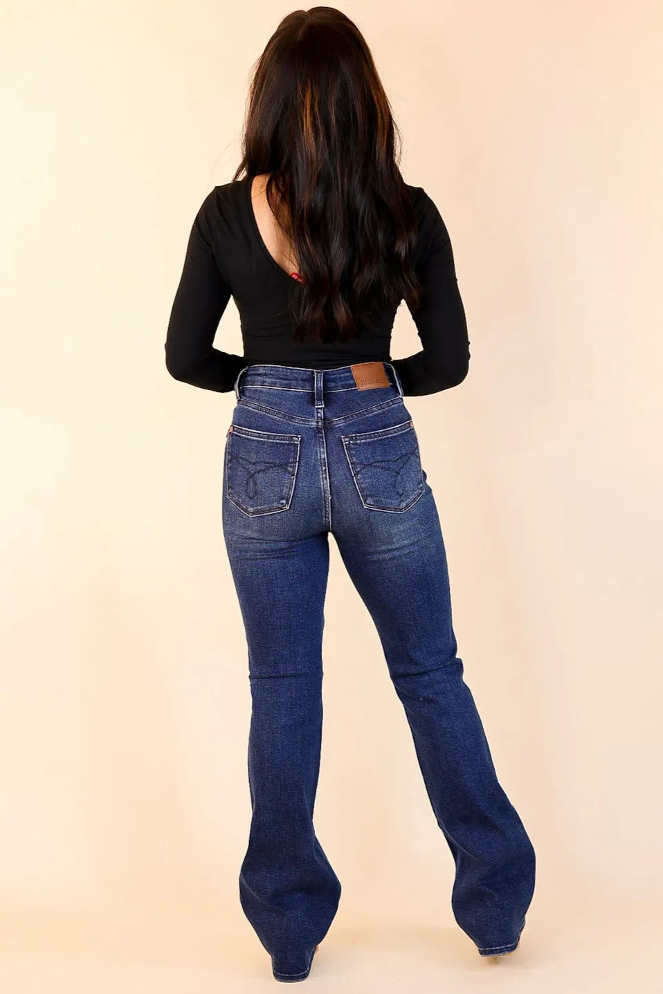 Judy Blue | Stylish Stride Tummy Control Bootcut Jean with Back Pocket Embroidery in Dark Wash