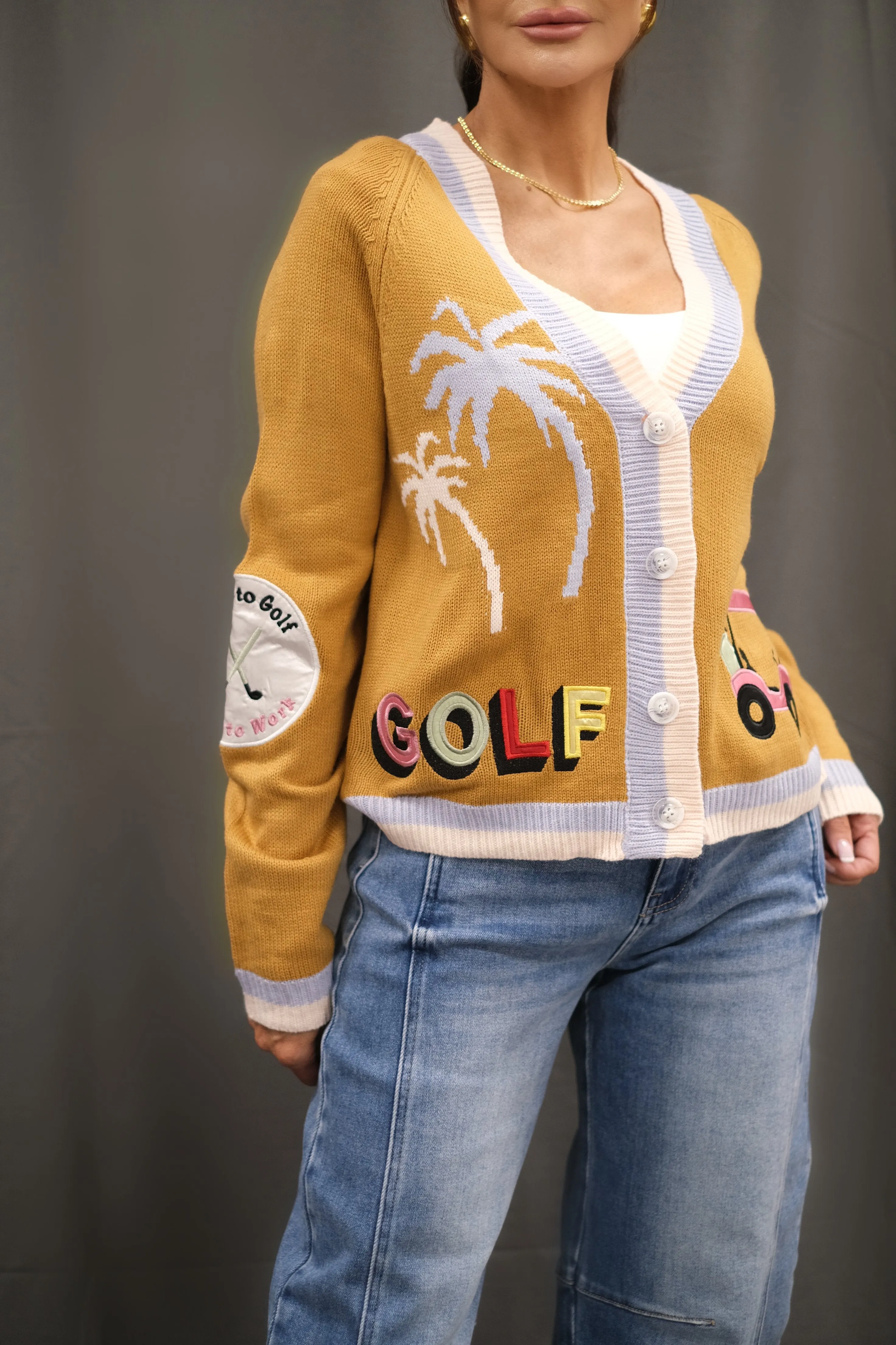 Julianna Gold Golf Embroidered Cardigan Sweater