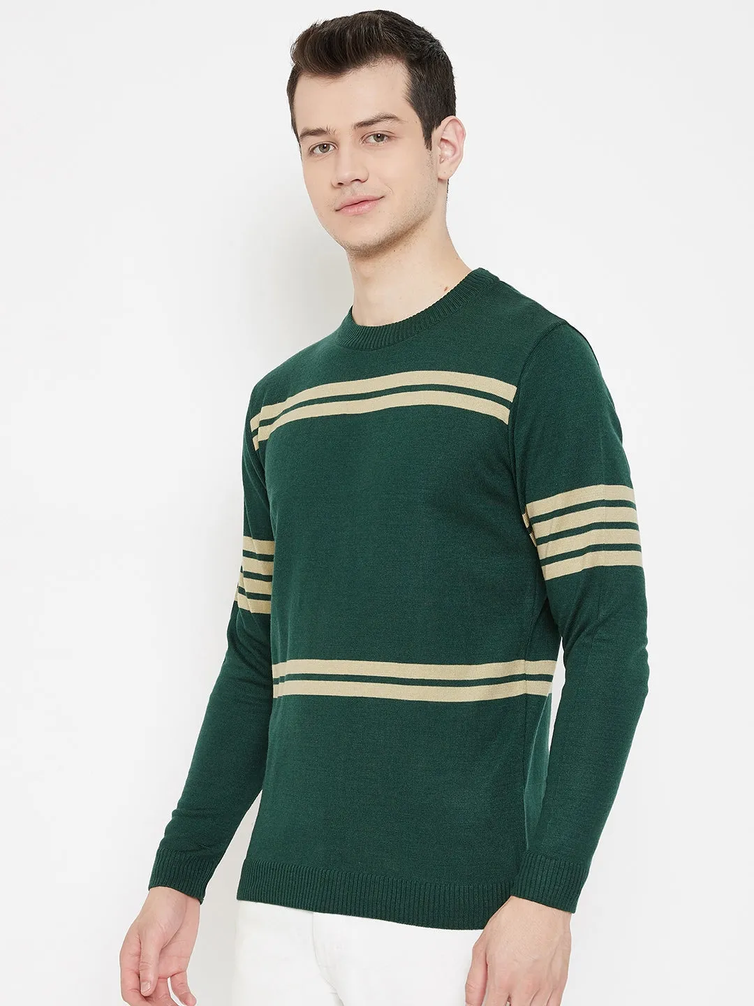 JUMP USA Men Beige Striped Round Neck Casual Pullover