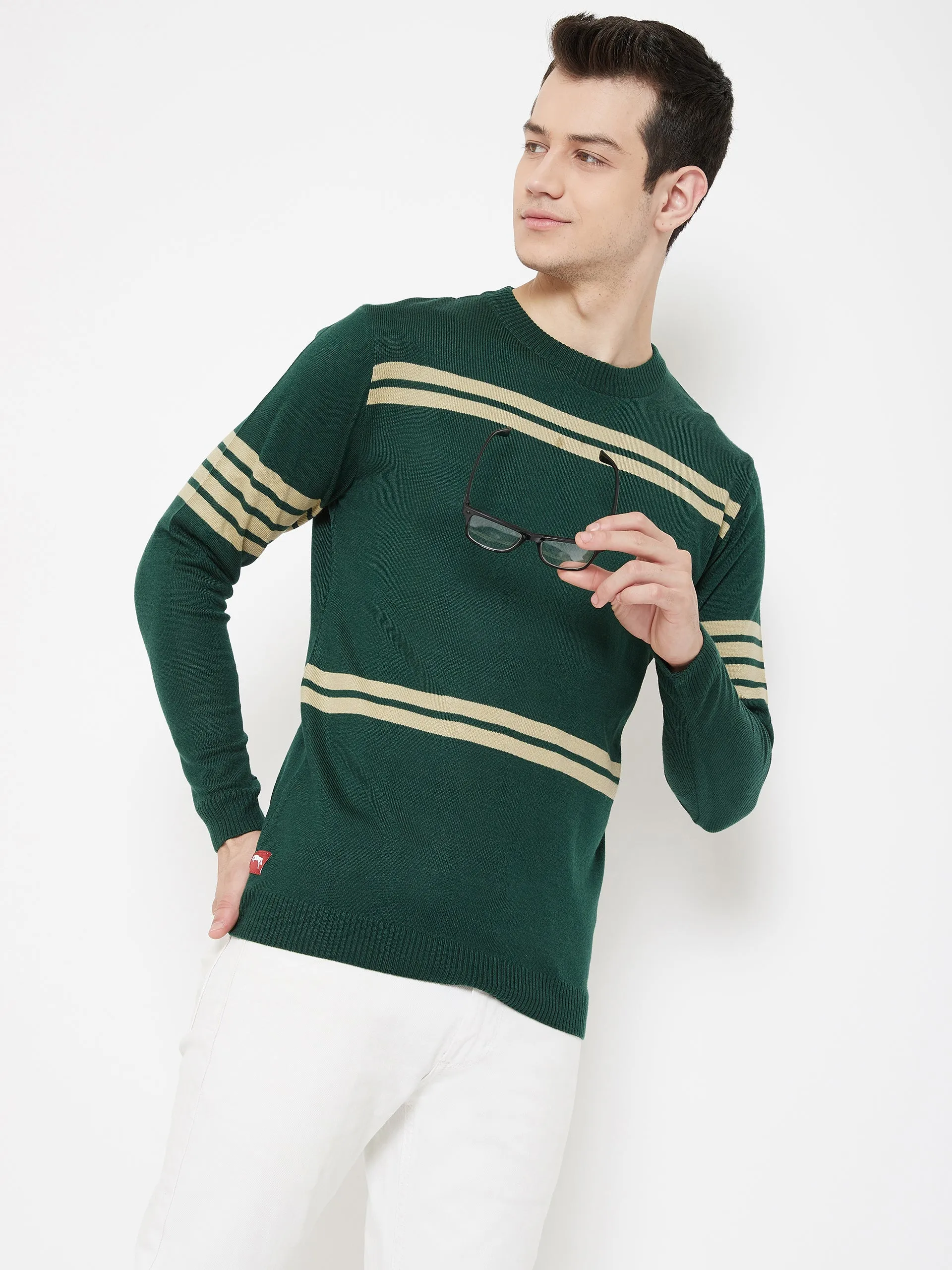 JUMP USA Men Beige Striped Round Neck Casual Pullover