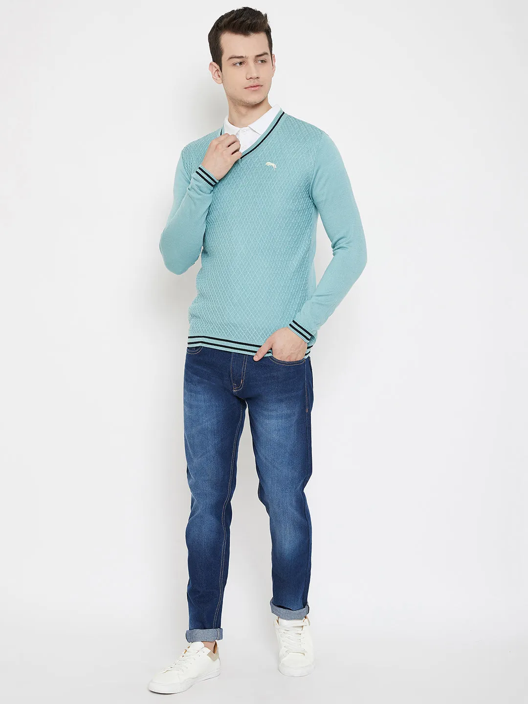 JUMP USA Men Blue Solid V-Neck Casual Pullover