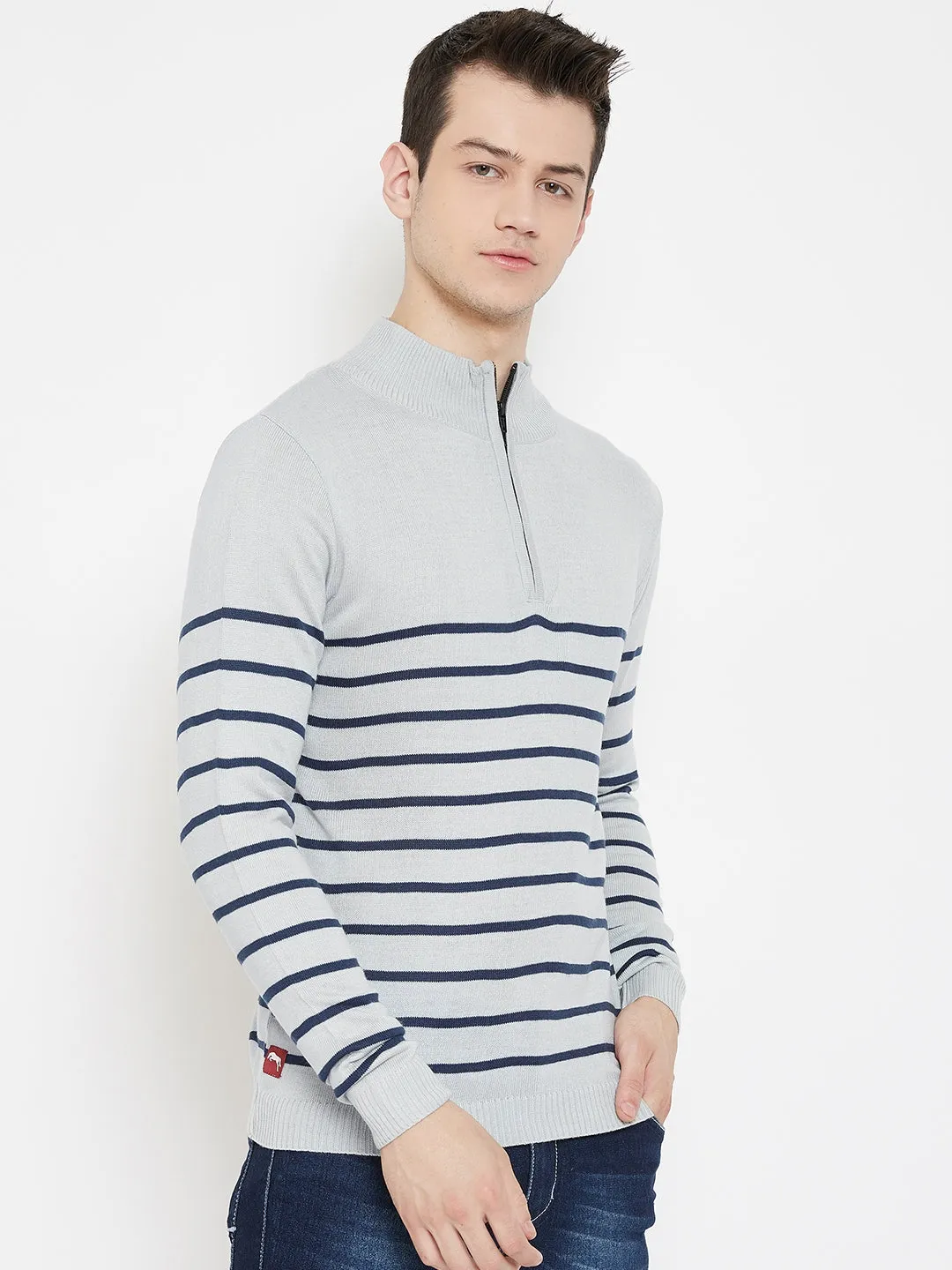 JUMP USA Men Grey Striped Mock Collar Casual Pullover