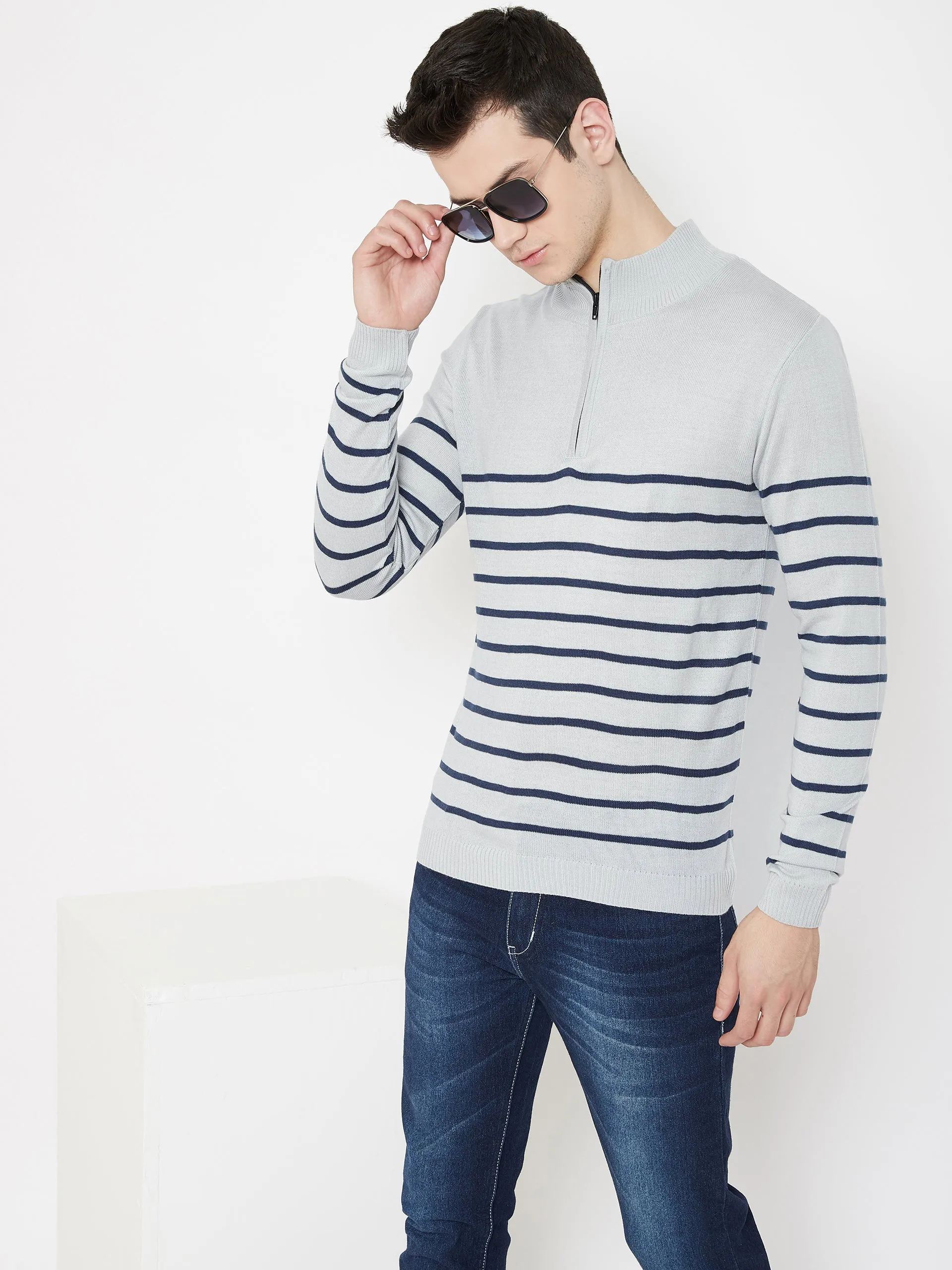 JUMP USA Men Grey Striped Mock Collar Casual Pullover