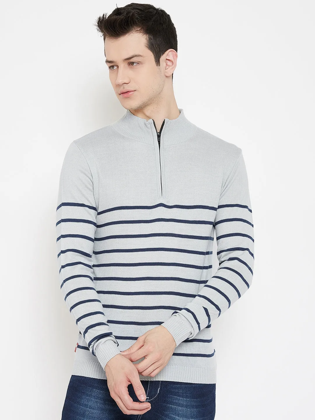 JUMP USA Men Grey Striped Mock Collar Casual Pullover