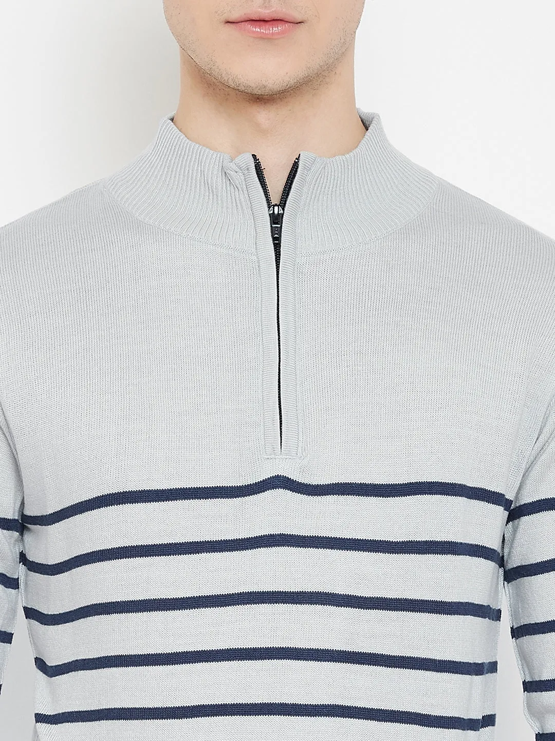 JUMP USA Men Grey Striped Mock Collar Casual Pullover