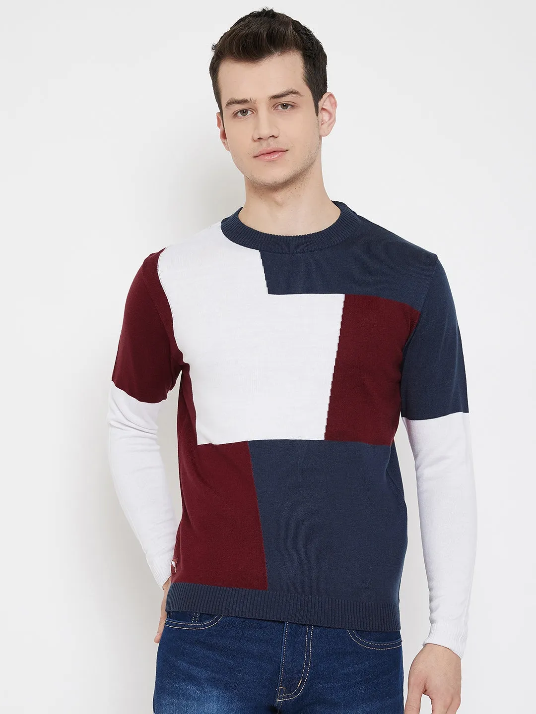 JUMP USA Men Navy Blue Colourblocked Round Neck Casual Pullover