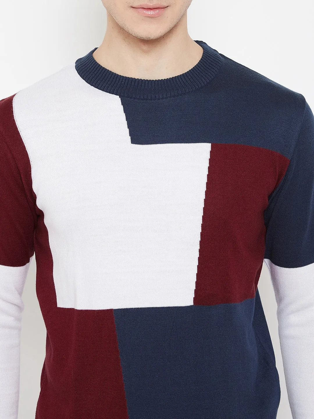 JUMP USA Men Navy Blue Colourblocked Round Neck Casual Pullover