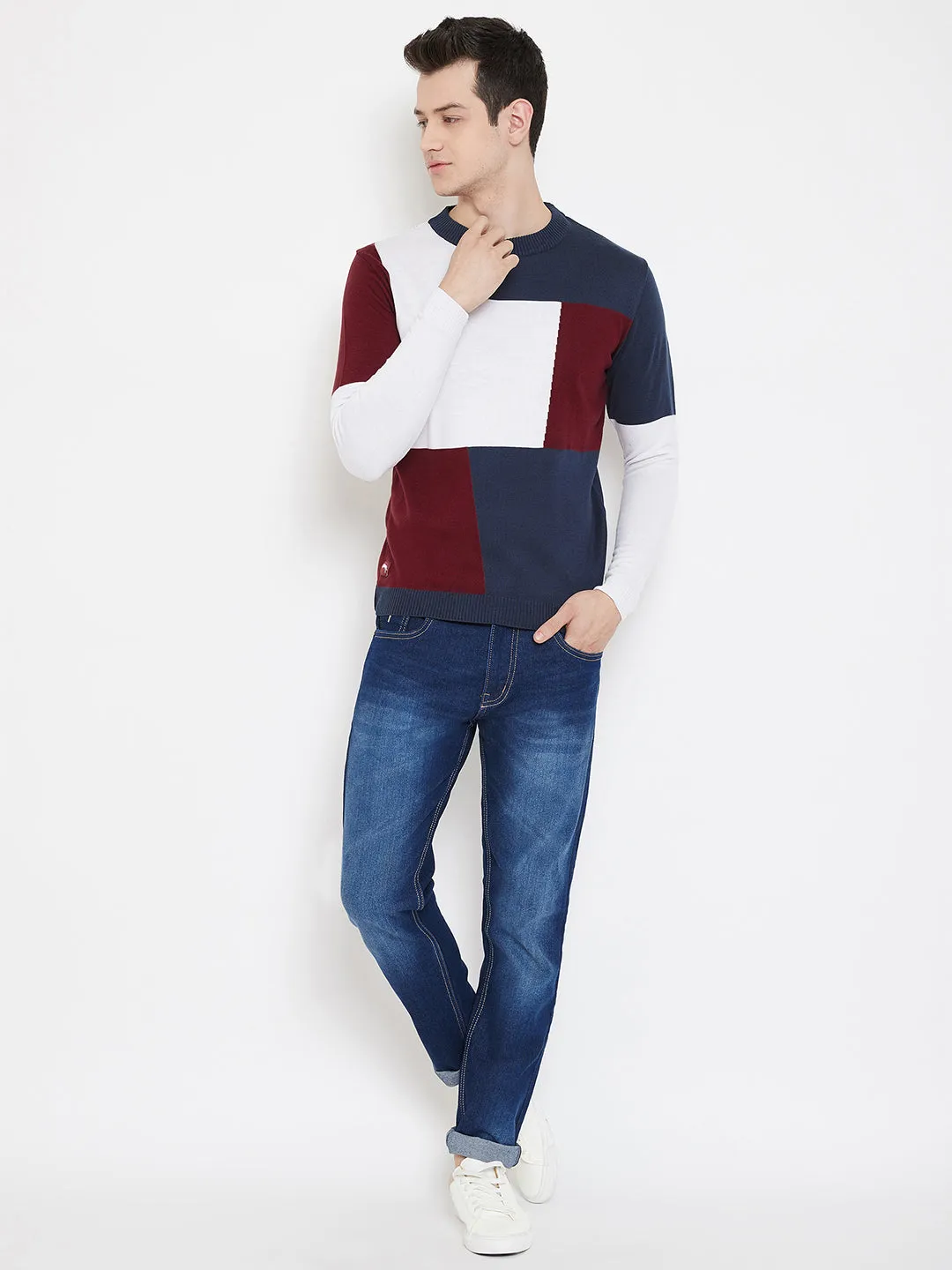 JUMP USA Men Navy Blue Colourblocked Round Neck Casual Pullover