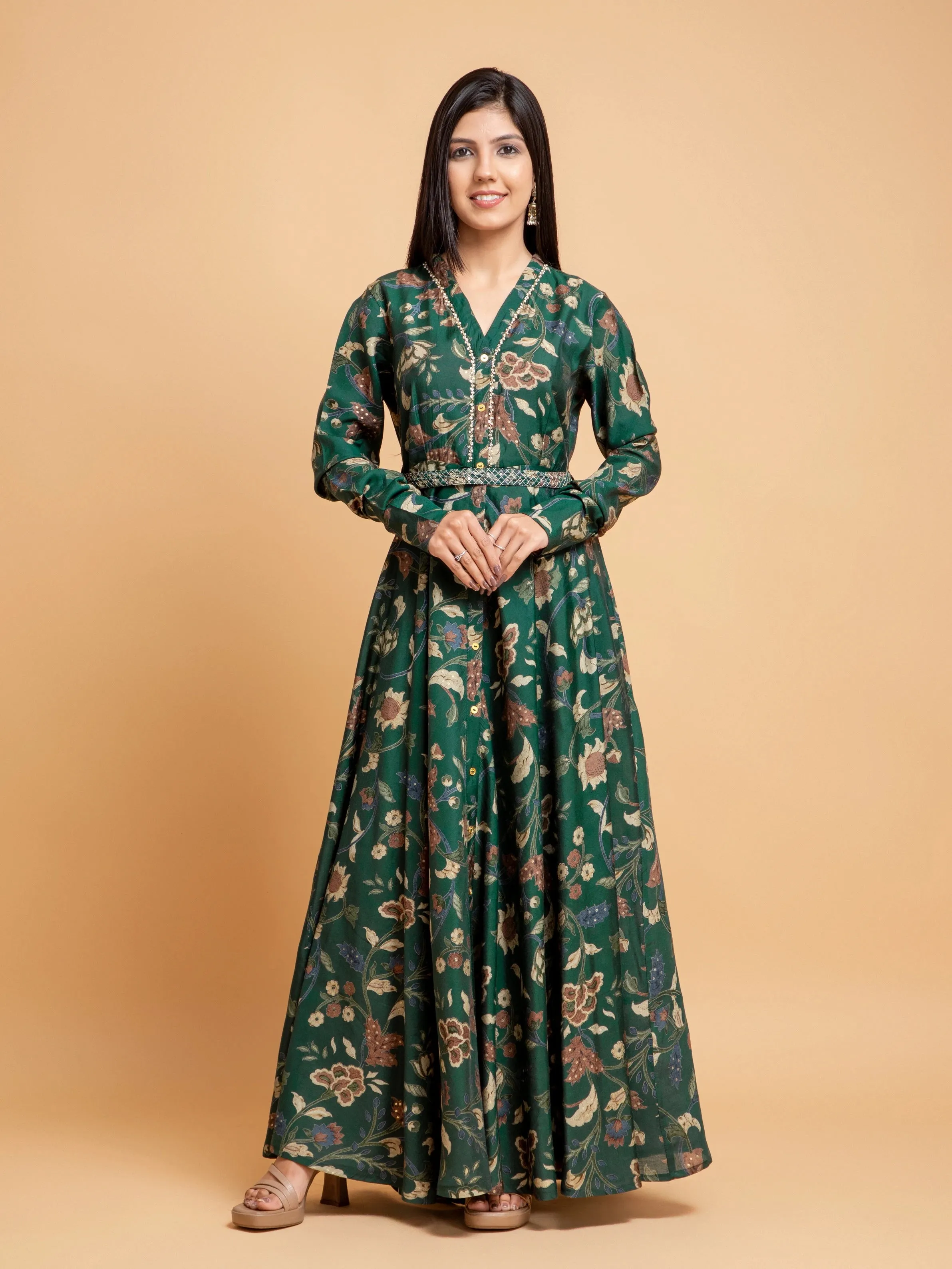 KALAMKARI PRINTED FLAIRED DRESS EMBELLISHED WITH ADDA WORK