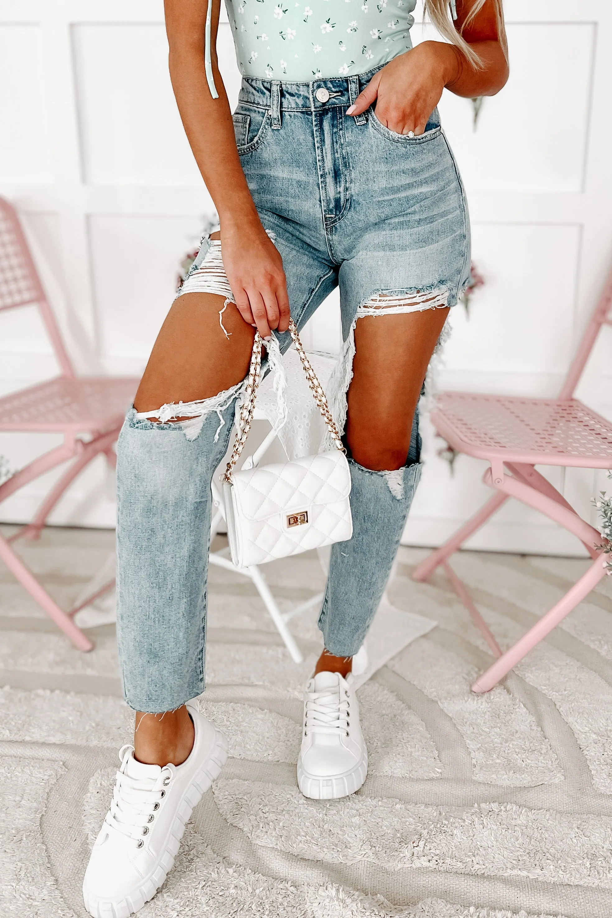 Keeping It Cool High Rise Heavily Distressed Boyfriend Jeans (Light)