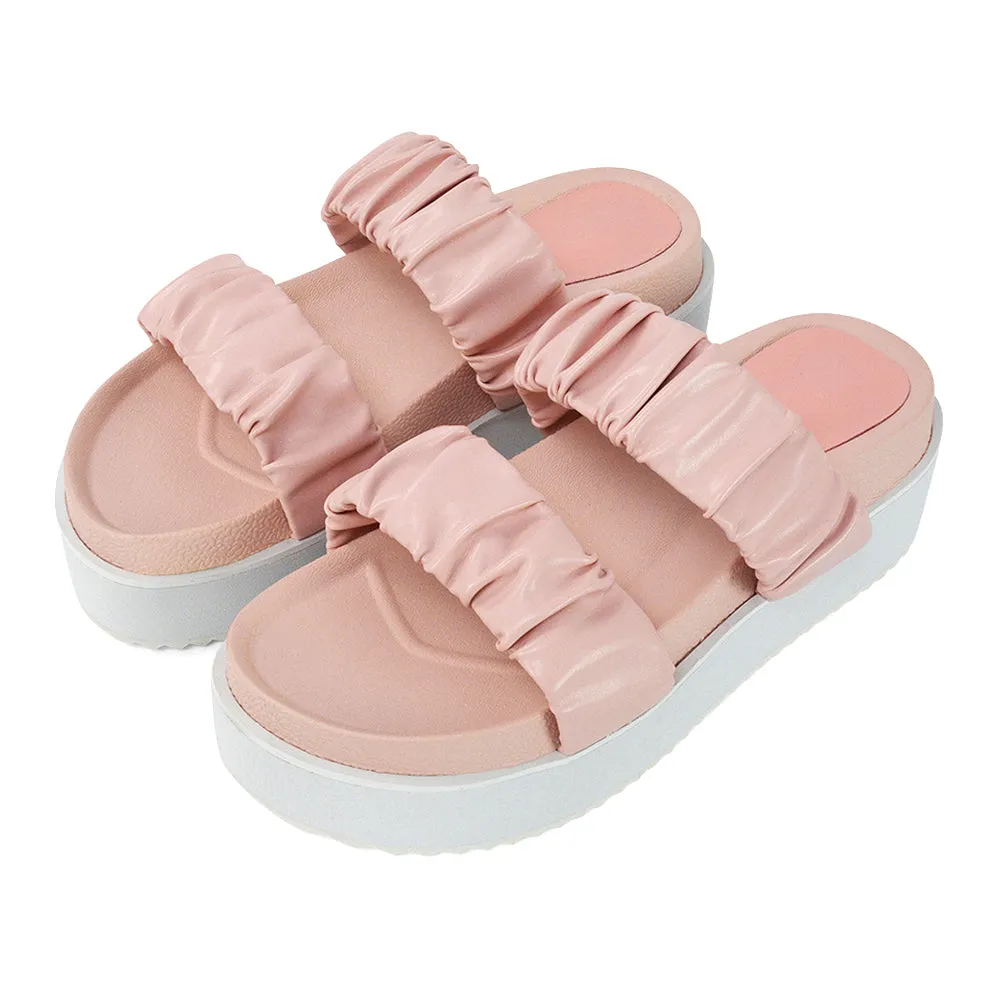 Lalia Ruched Double Strap Flatform Slide Sandals in Pink Synthetic Leather