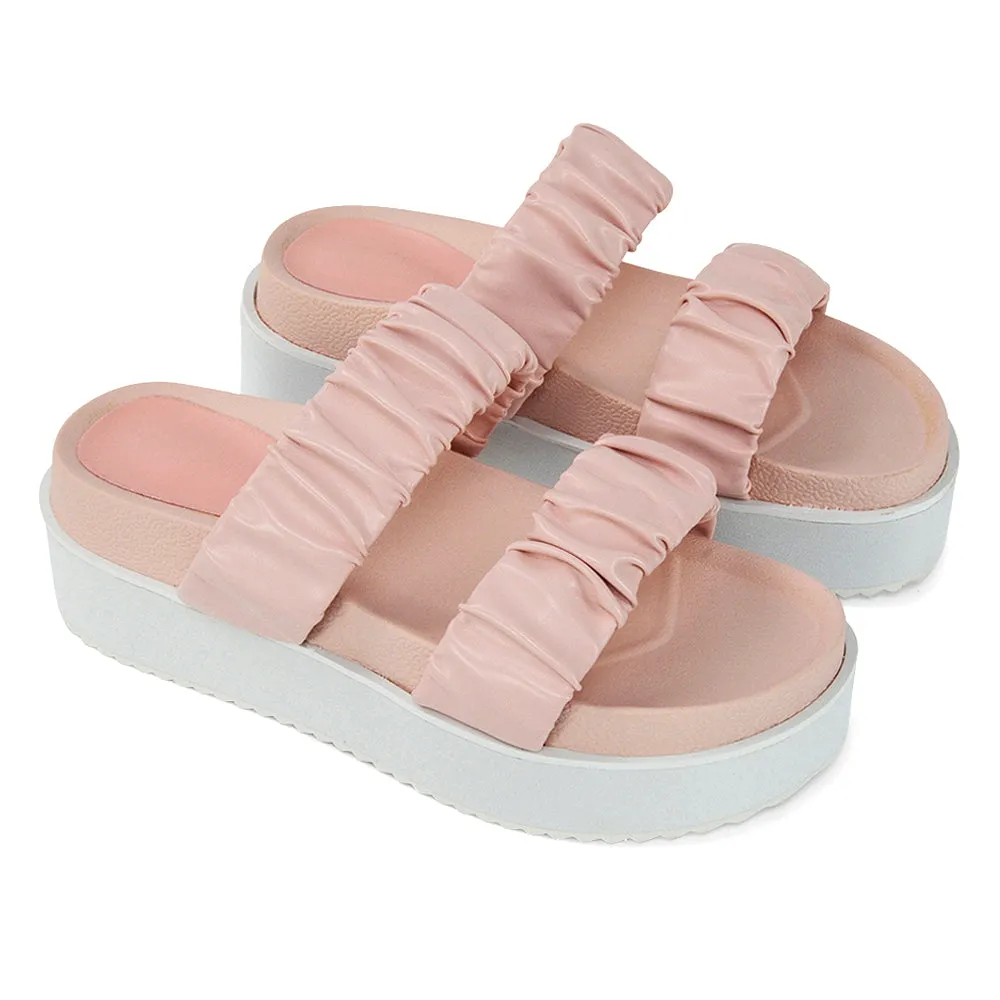 Lalia Ruched Double Strap Flatform Slide Sandals in Pink Synthetic Leather