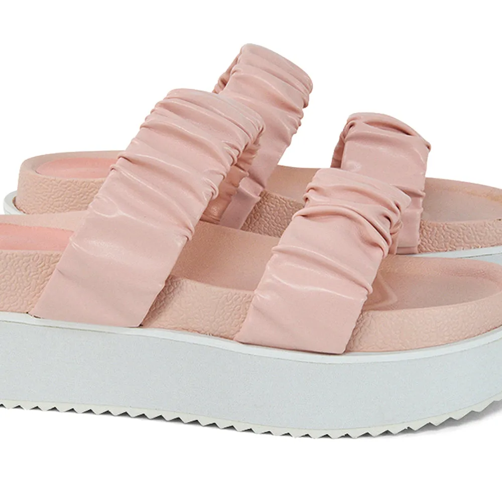 Lalia Ruched Double Strap Flatform Slide Sandals in Pink Synthetic Leather