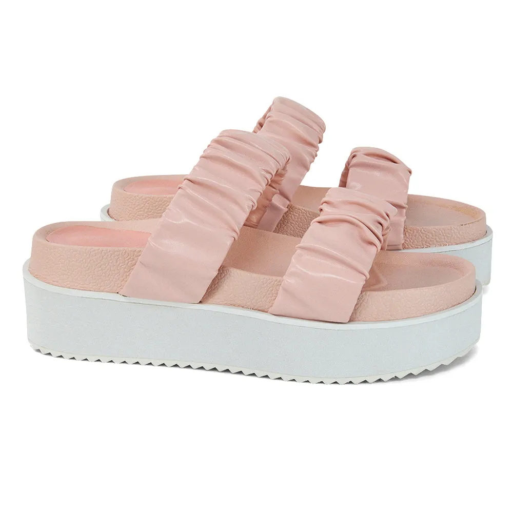 Lalia Ruched Double Strap Flatform Slide Sandals in Pink Synthetic Leather