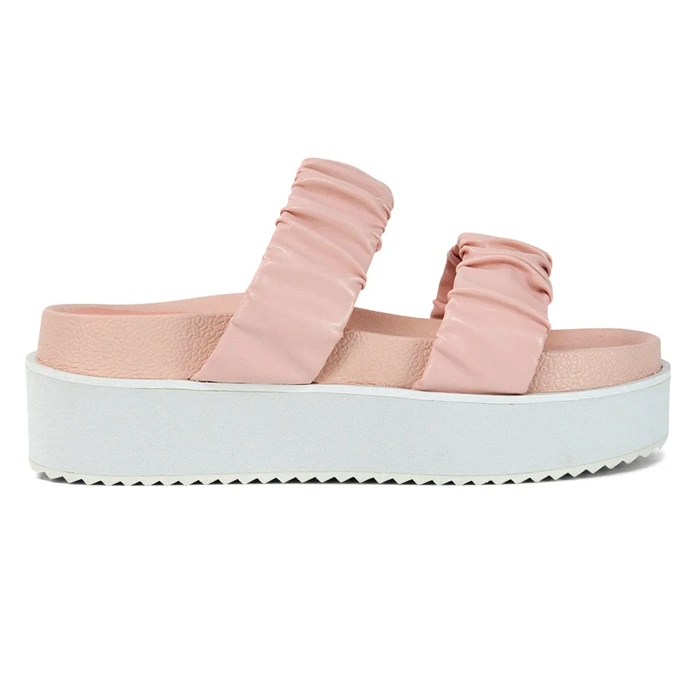 Lalia Ruched Double Strap Flatform Slide Sandals in Pink Synthetic Leather