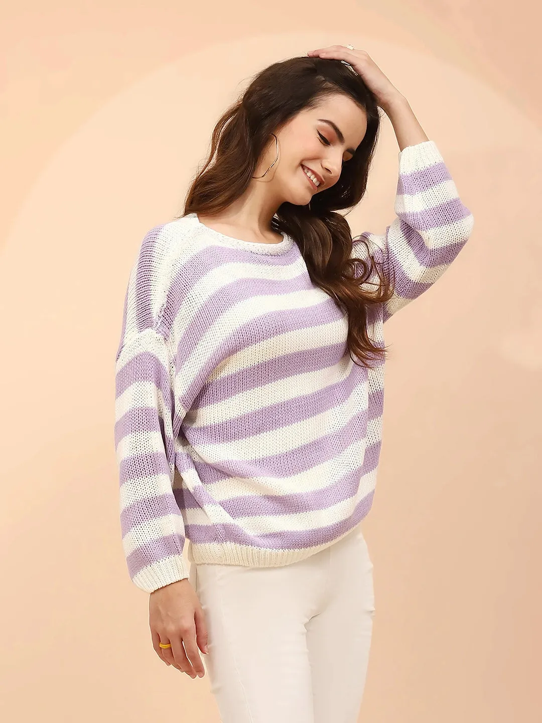 Lavender Acrylic Relaxed Fit Pullover For Women