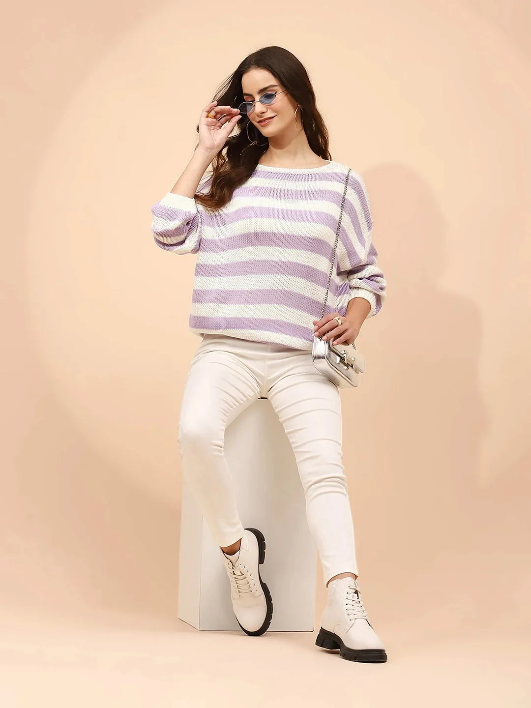 Lavender Acrylic Relaxed Fit Pullover For Women