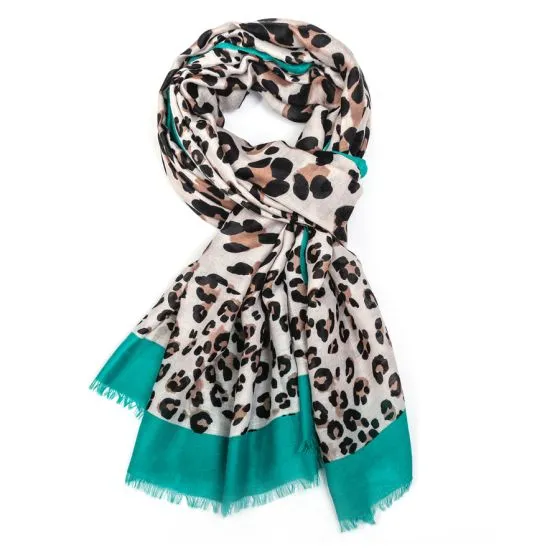 Leo Print Bright Border Scarf | Green