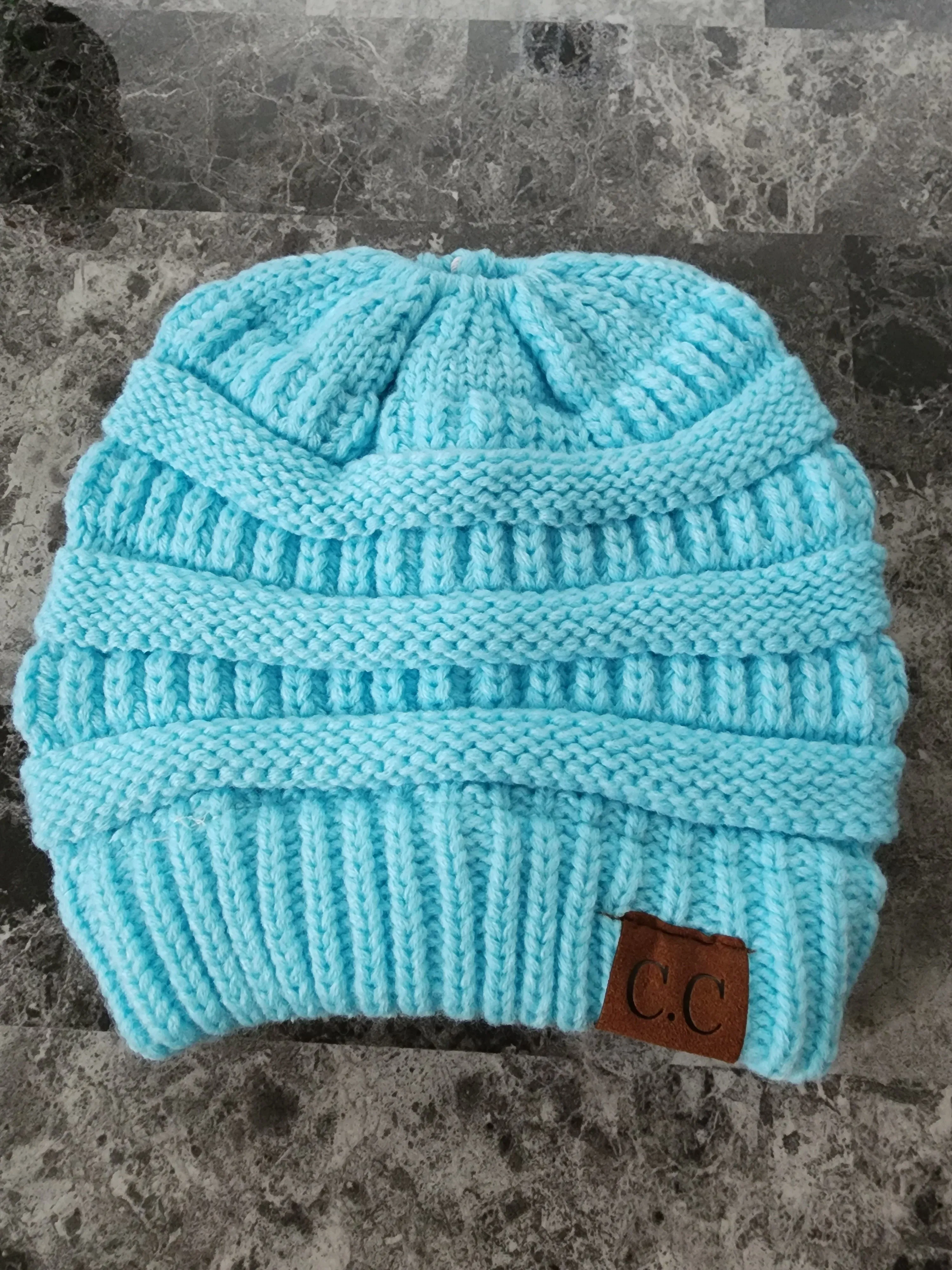 Light Blue Bun Beanie