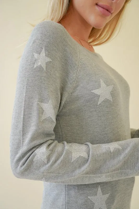 LIGHT WEIGHT GLITTER STAR SCREENED PULLOVER - HEATHER GREY OR NATURAL