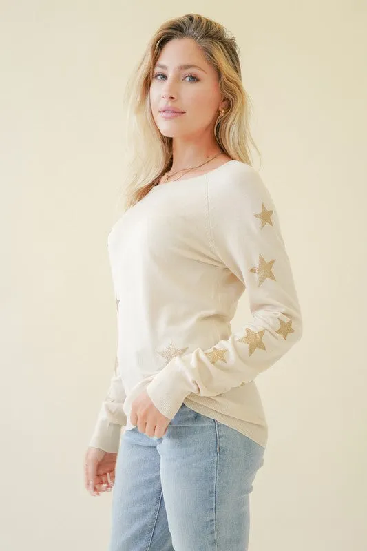 LIGHT WEIGHT GLITTER STAR SCREENED PULLOVER - HEATHER GREY OR NATURAL