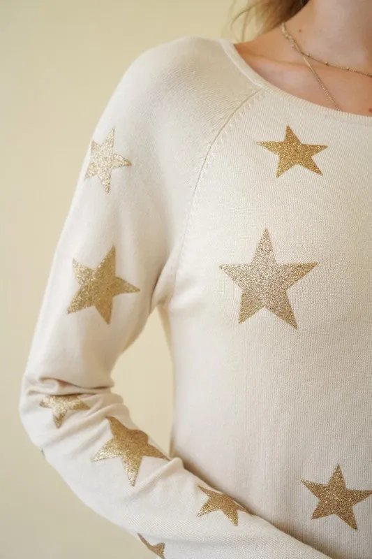 LIGHT WEIGHT GLITTER STAR SCREENED PULLOVER - HEATHER GREY OR NATURAL