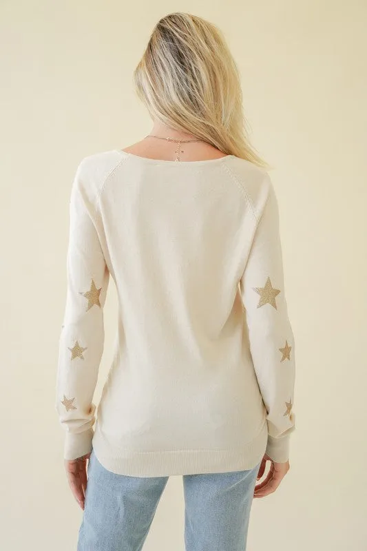 LIGHT WEIGHT GLITTER STAR SCREENED PULLOVER - HEATHER GREY OR NATURAL