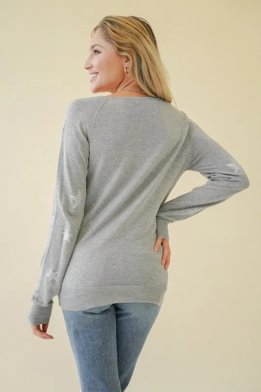 LIGHT WEIGHT GLITTER STAR SCREENED PULLOVER - HEATHER GREY OR NATURAL