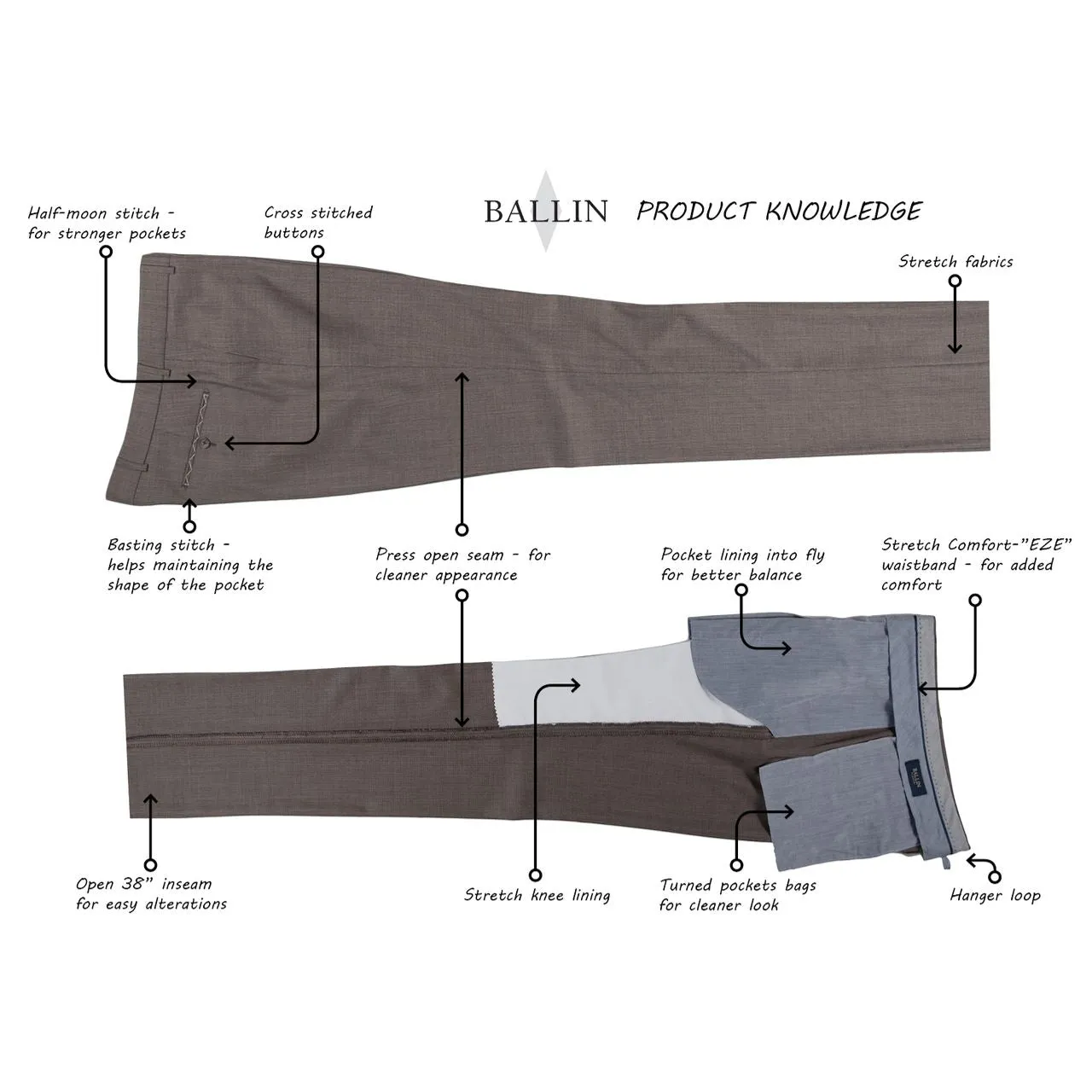 LONG FIT Super 120s Wool Gabardine Comfort-EZE Trouser in Tan (Manchester Pleated Model) by Ballin