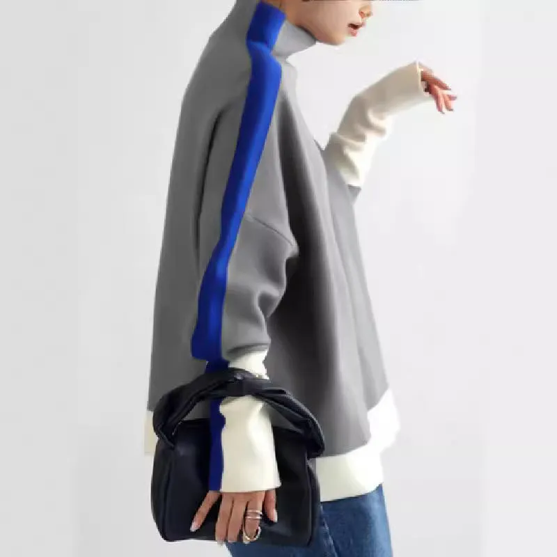 Long Sleeve Contrast Color Slit Turtleneck Hoodie Sweatshirt