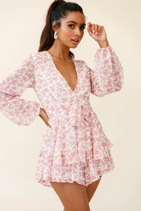 Maddox Fit & Flare Long Sleeve Romper Dainty Floral Print Pink