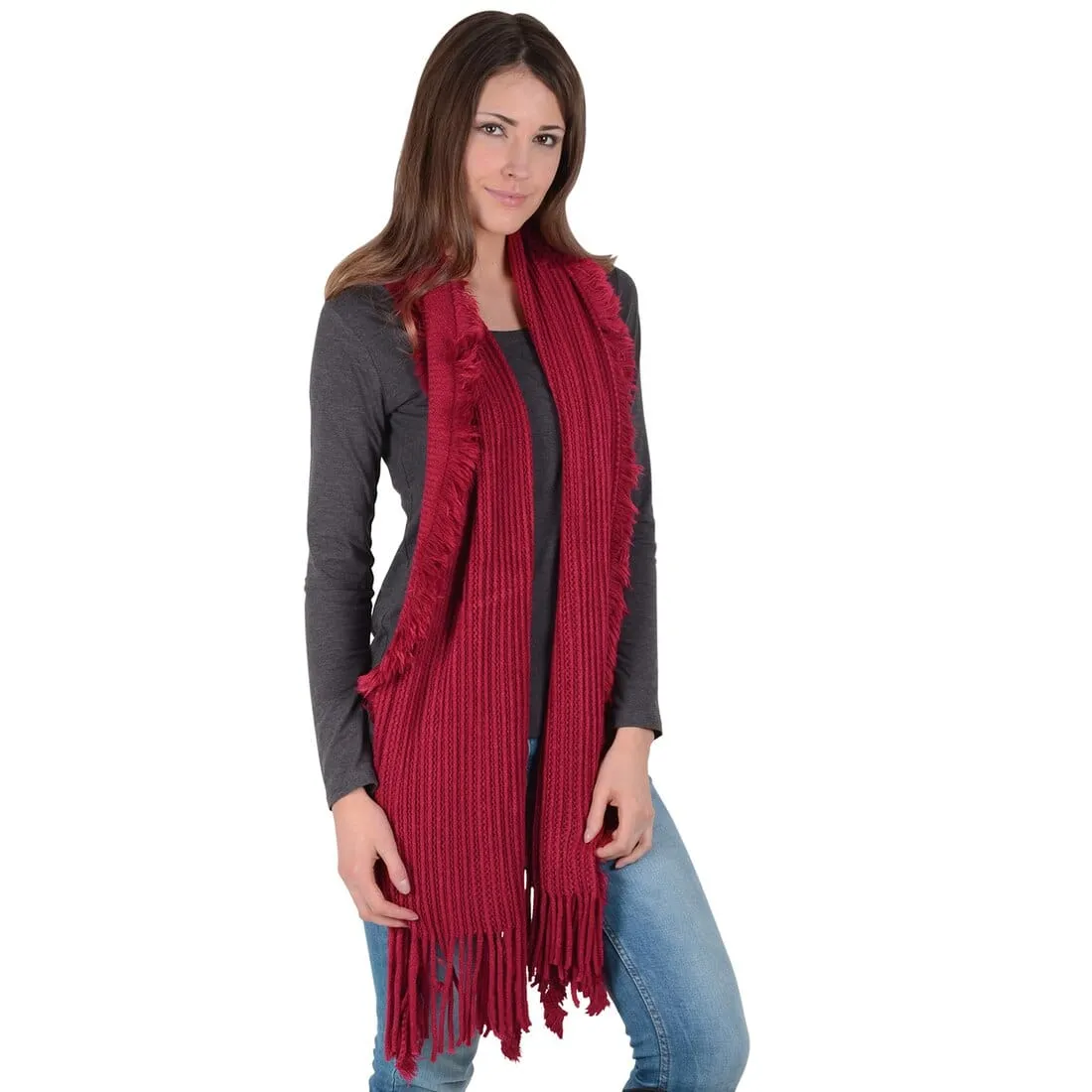 Melina Ribbed Knit Womens Scarf With Fringing Red/Black/Cream