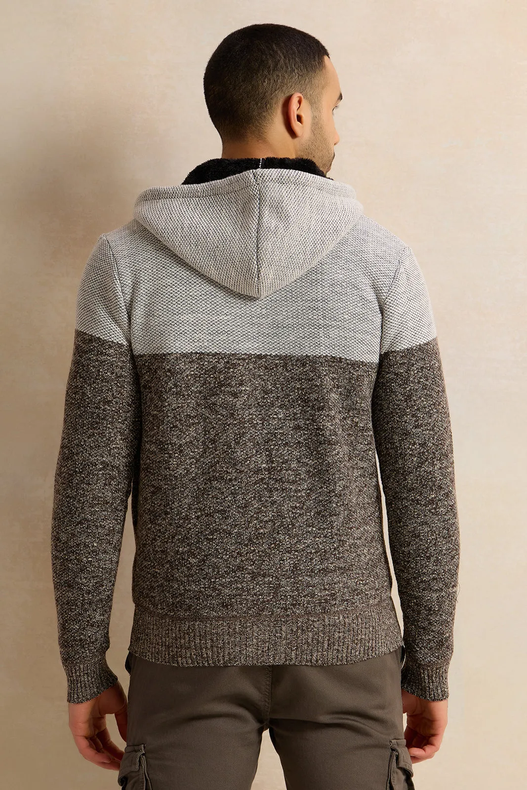 Men Grey Knitted Hooded Pullover