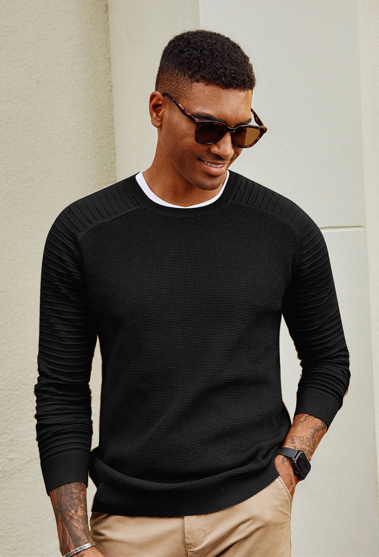 Men Textured Sweater Long Raglan Sleeve Crew Neck Pullover Knitwear