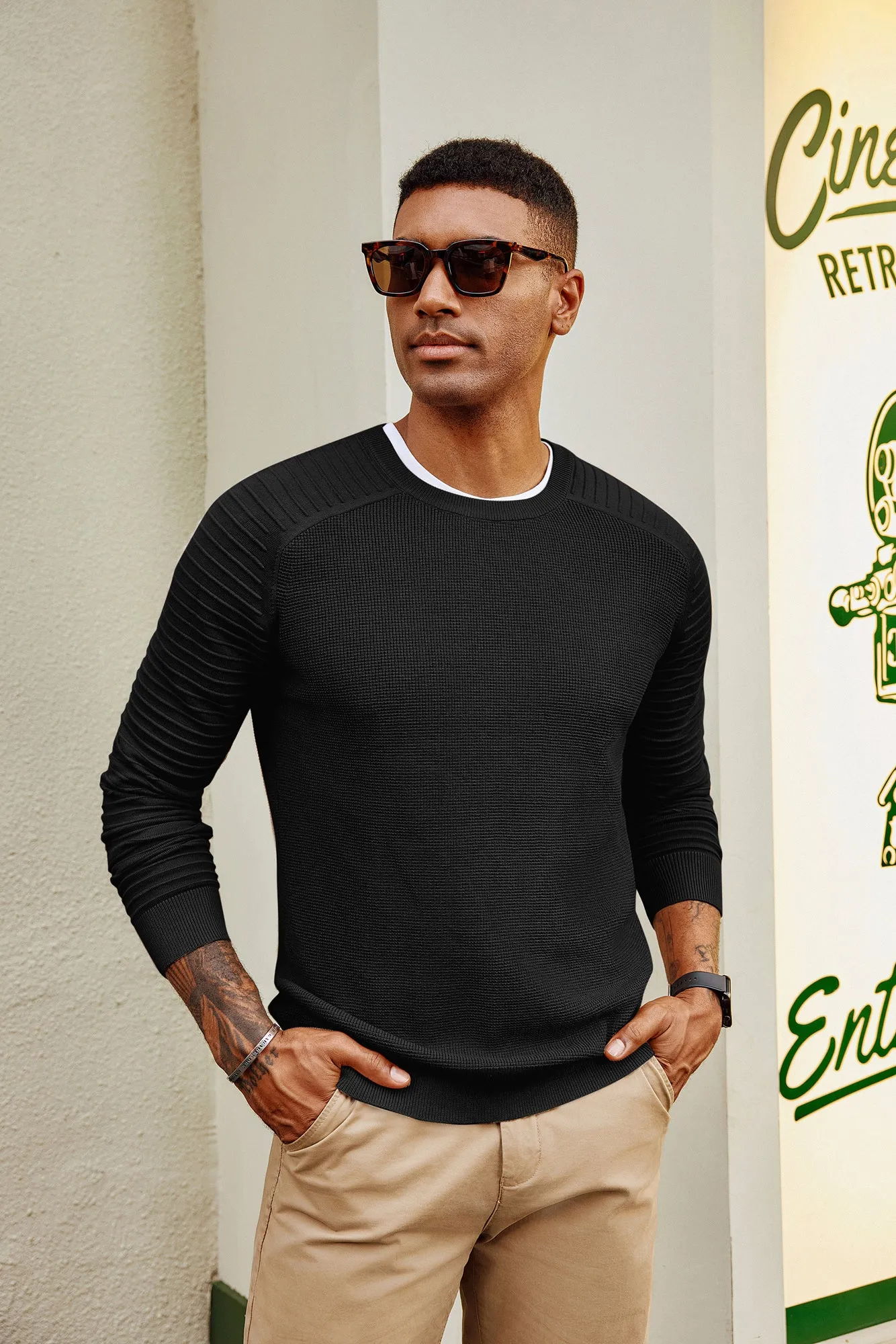 Men Textured Sweater Long Raglan Sleeve Crew Neck Pullover Knitwear