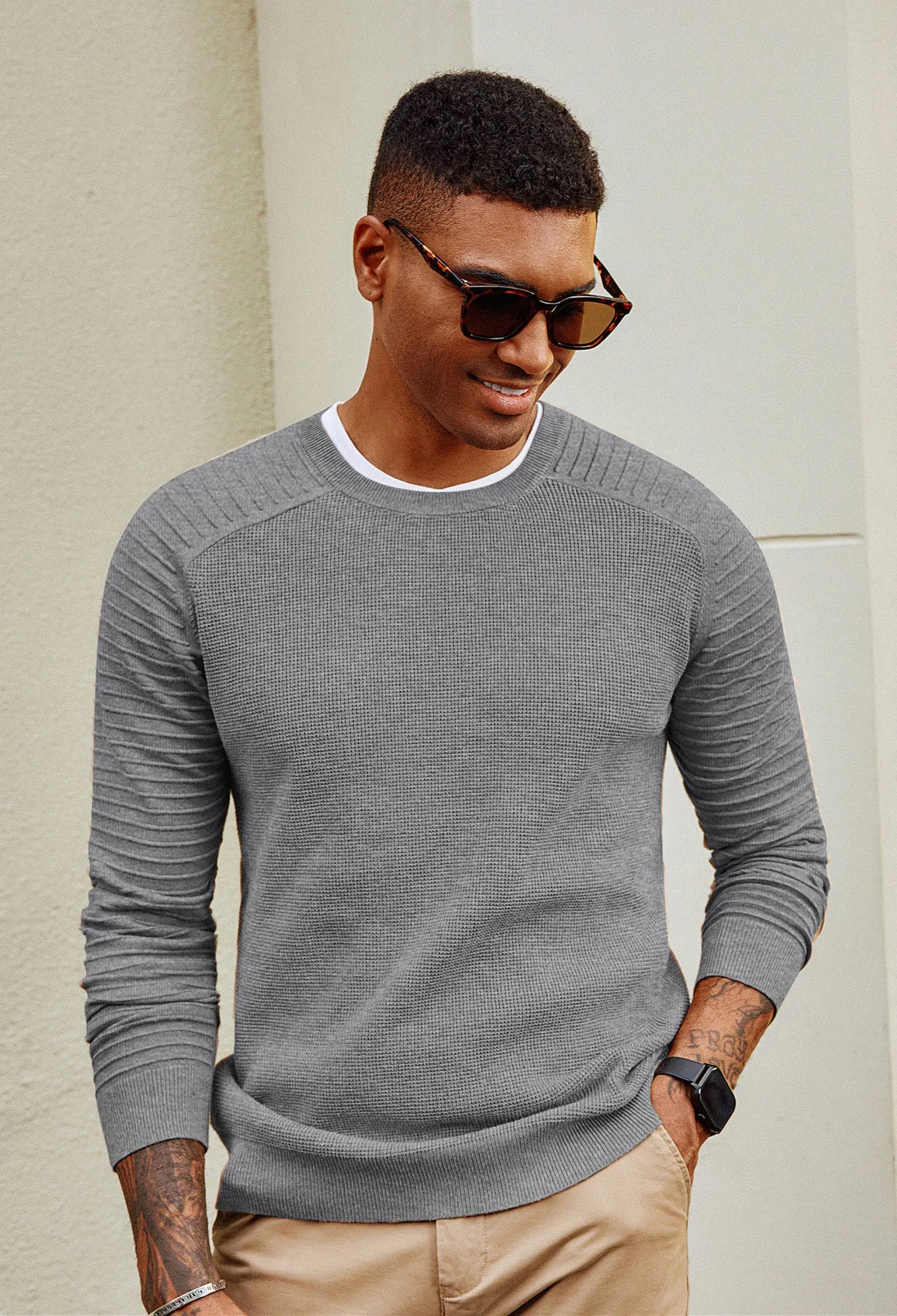 Men Textured Sweater Long Raglan Sleeve Crew Neck Pullover Knitwear