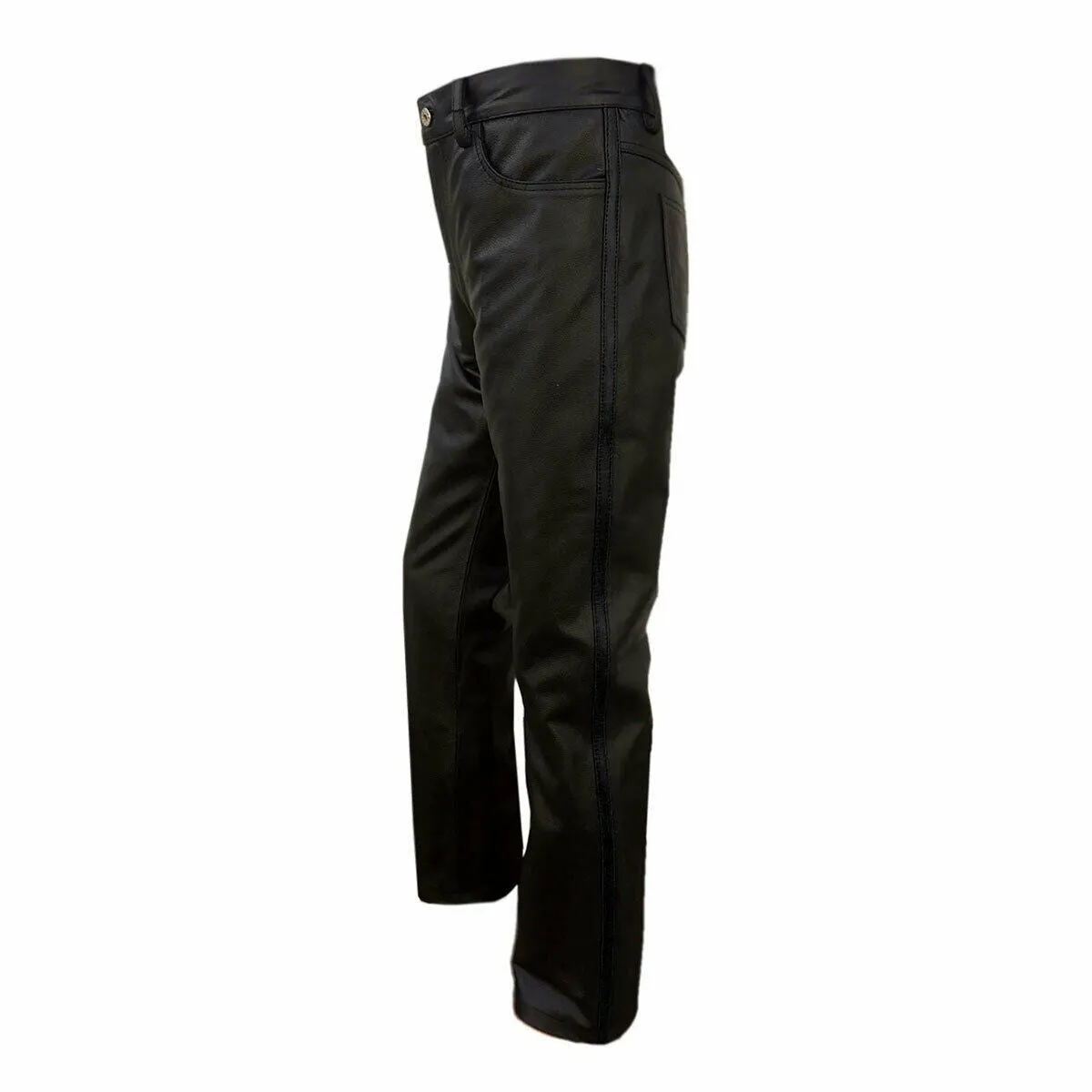 Mens Black Leather Biker Jeans One Panel Police Style - J2 Pants