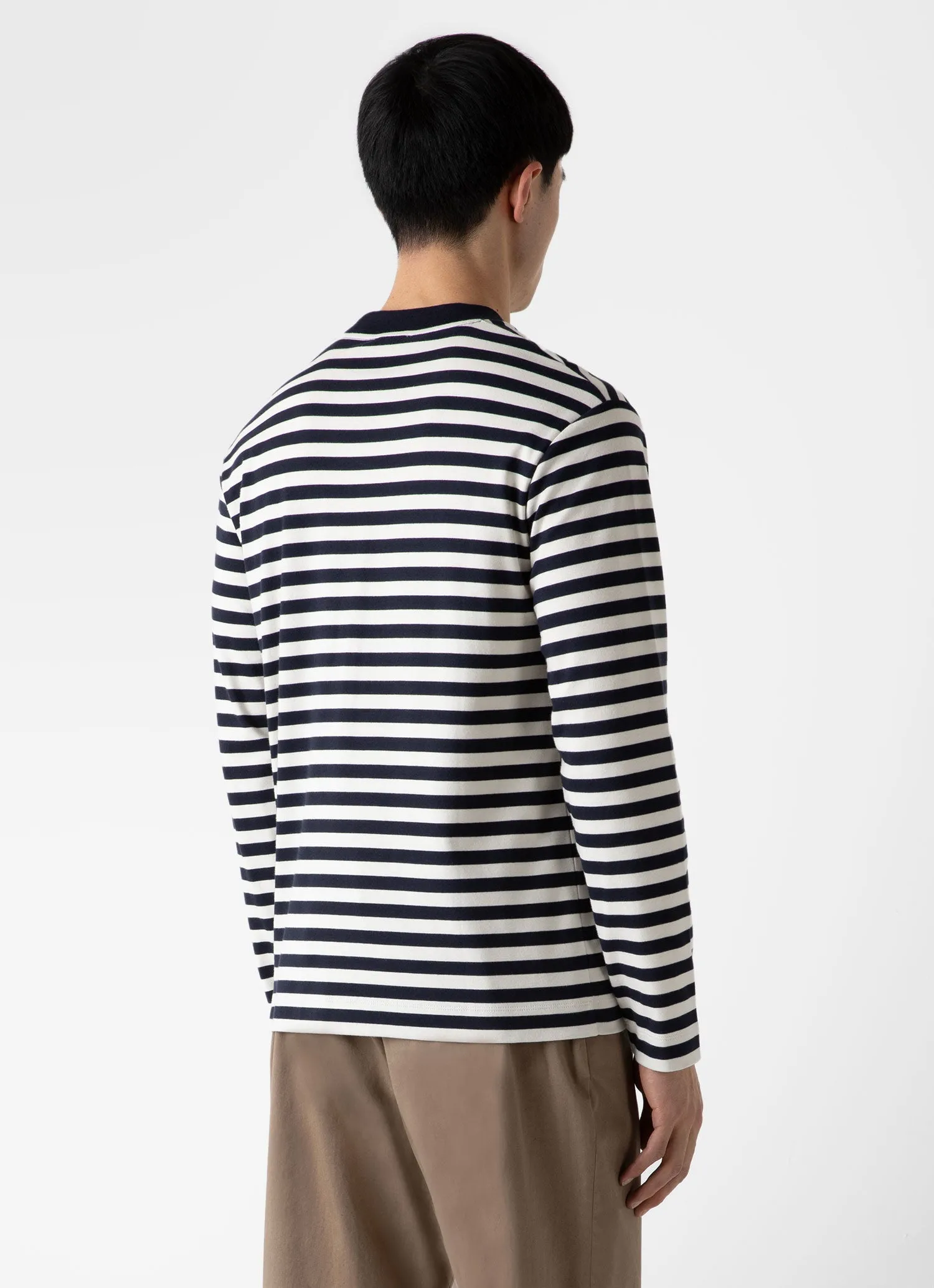 Men's Brushed Cotton Long Sleeve T-shirt in Navy/Ecru Block Stripe