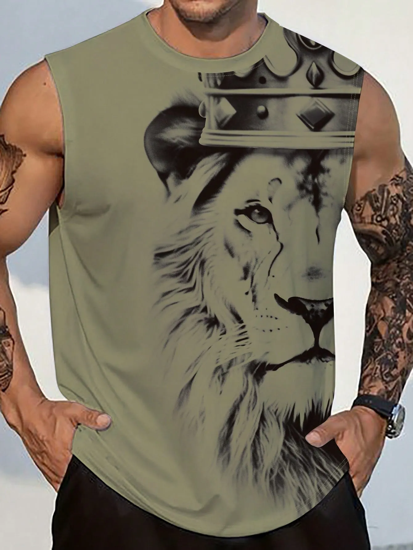 Men's Casual Lion Print Sleeveless Tank Top - Round Neck, Stretch Fabric