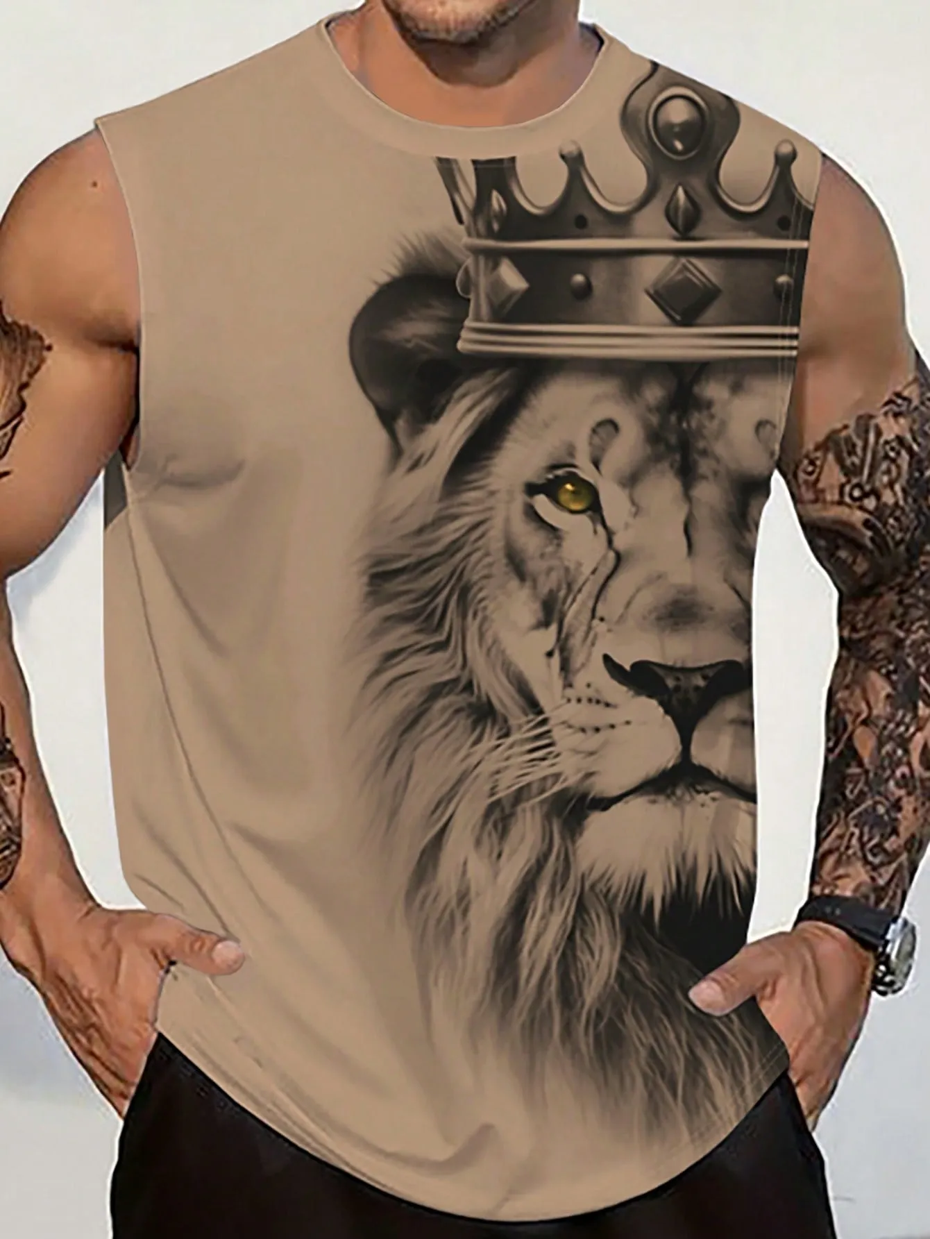 Men's Casual Lion Print Sleeveless Tank Top - Round Neck, Stretch Fabric