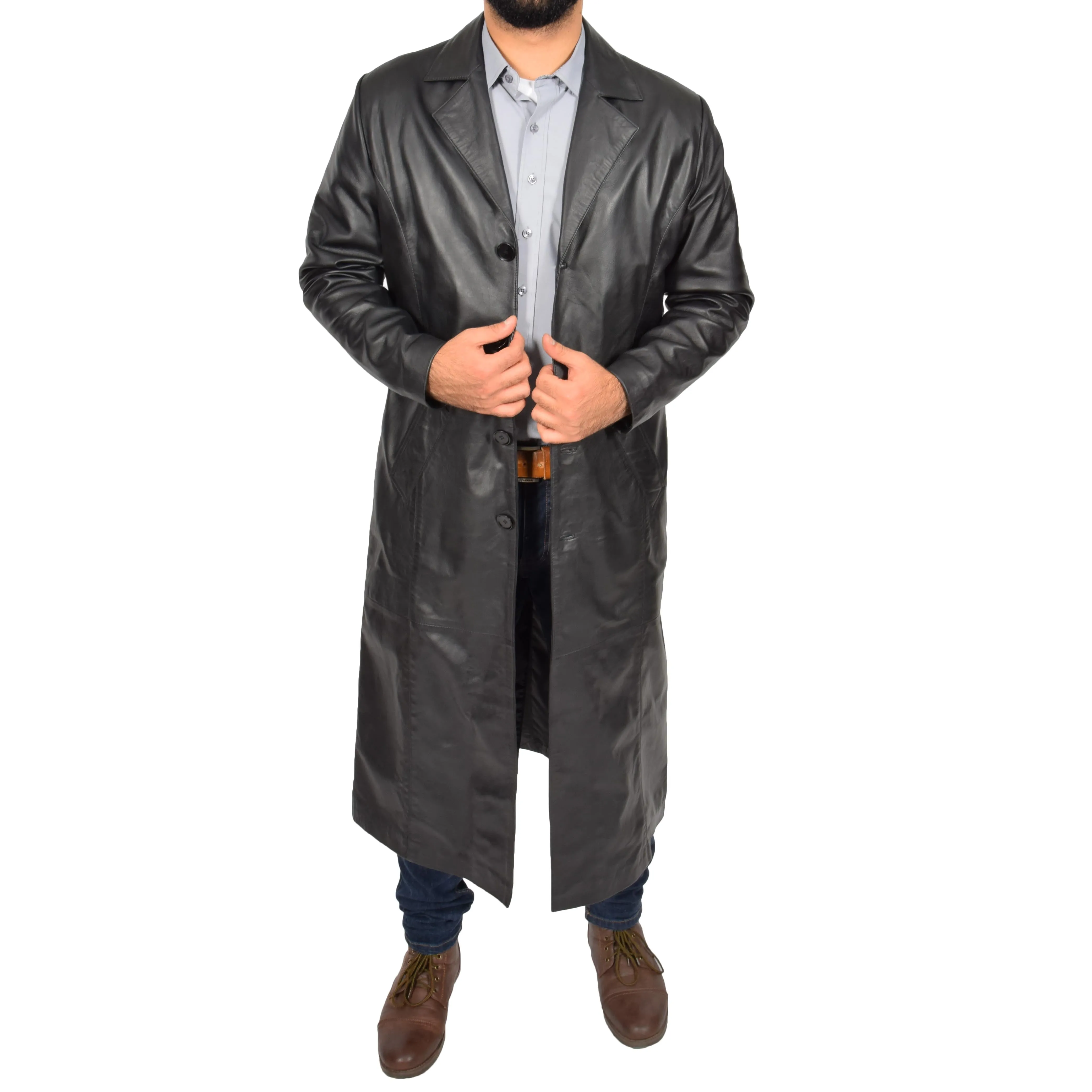 Mens Leather Overcoat Full Length Trench Coat Blade Black