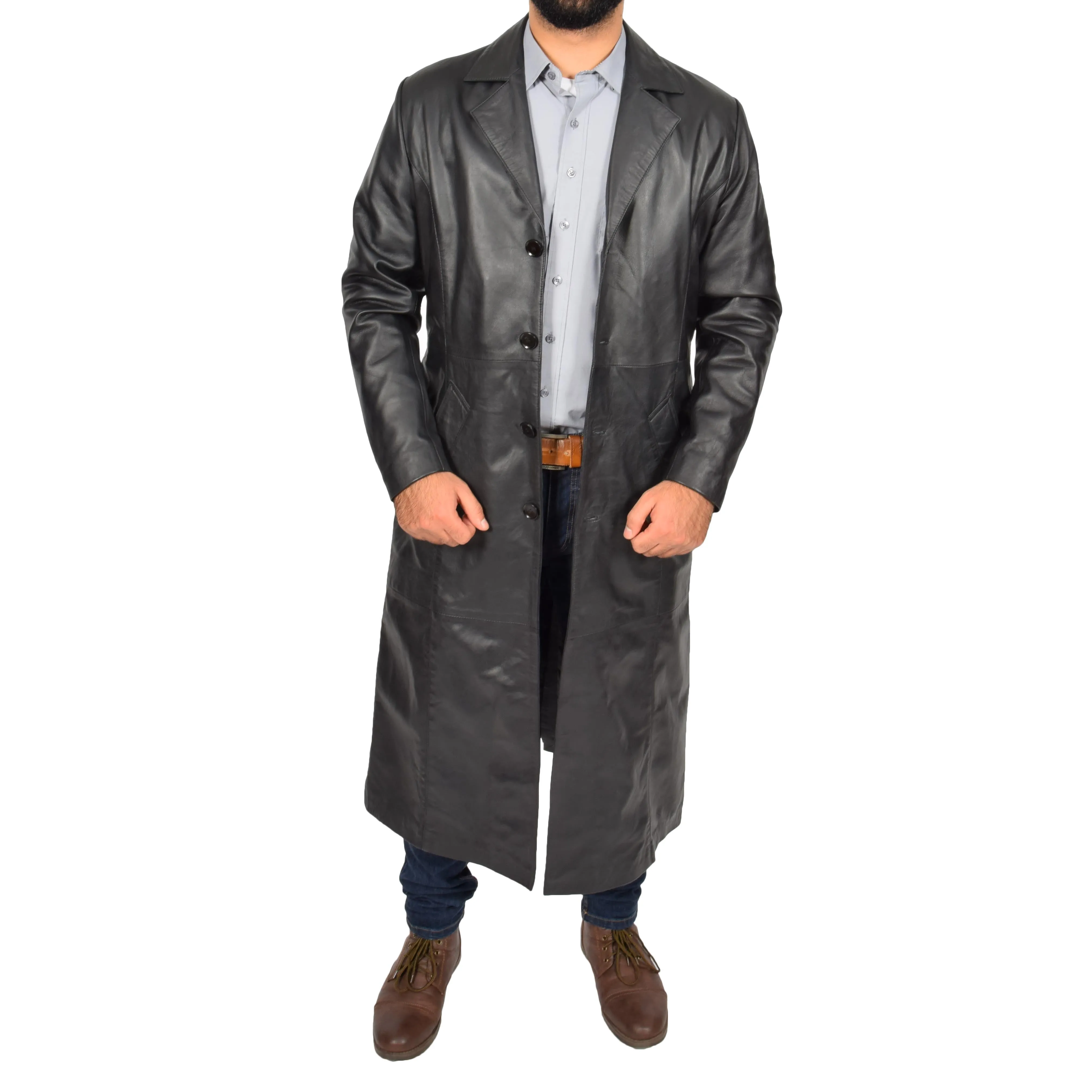 Mens Leather Overcoat Full Length Trench Coat Blade Black