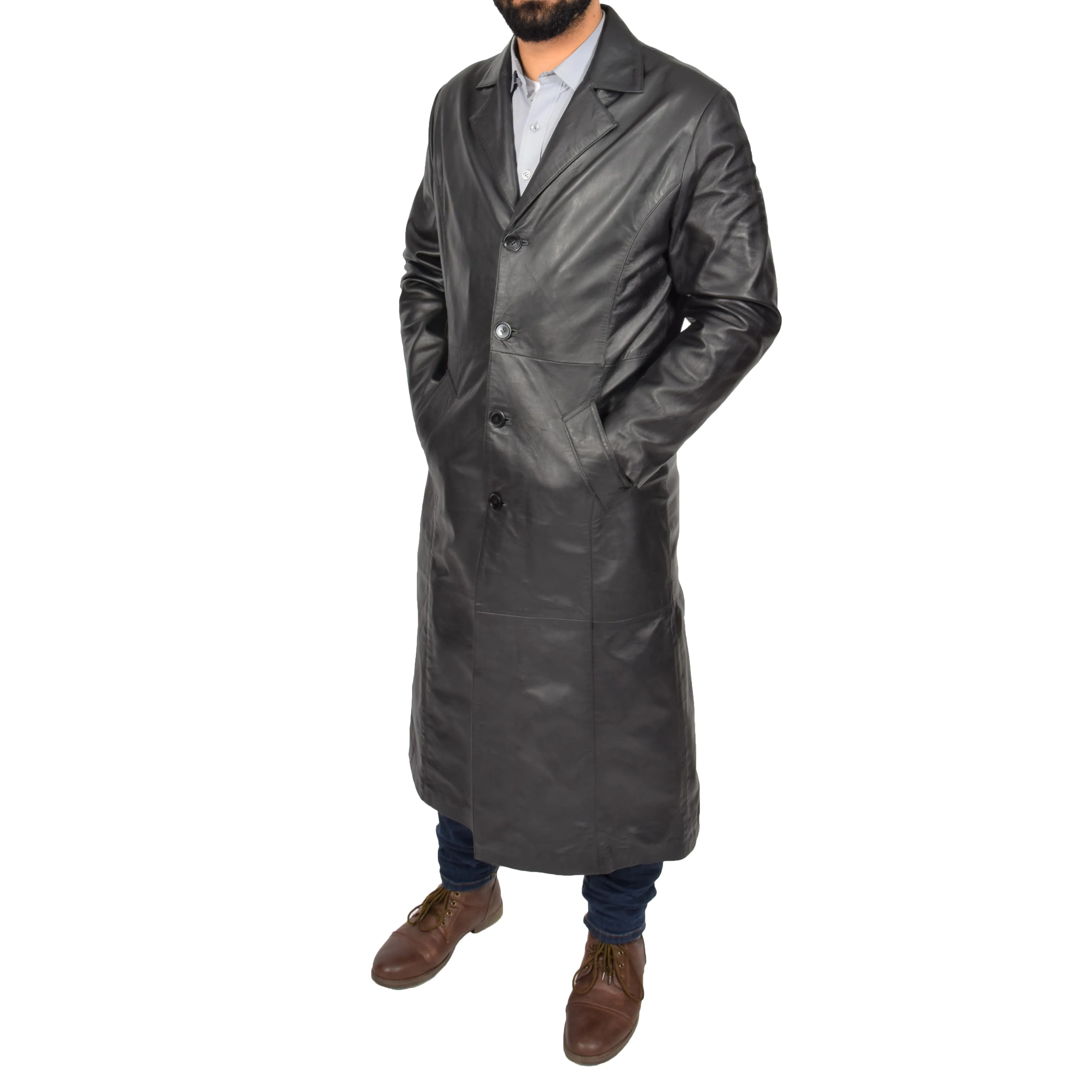 Mens Leather Overcoat Full Length Trench Coat Blade Black