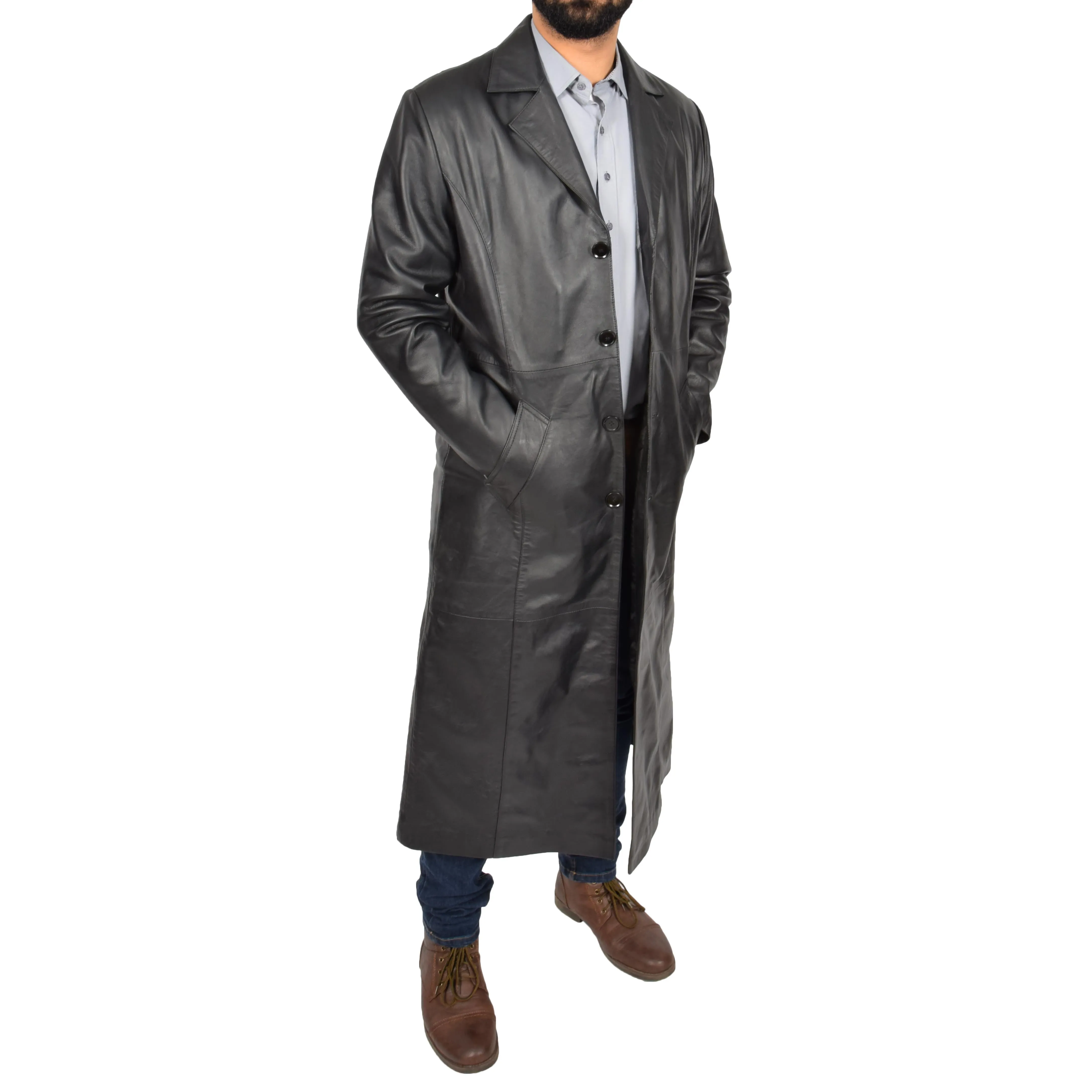 Mens Leather Overcoat Full Length Trench Coat Blade Black